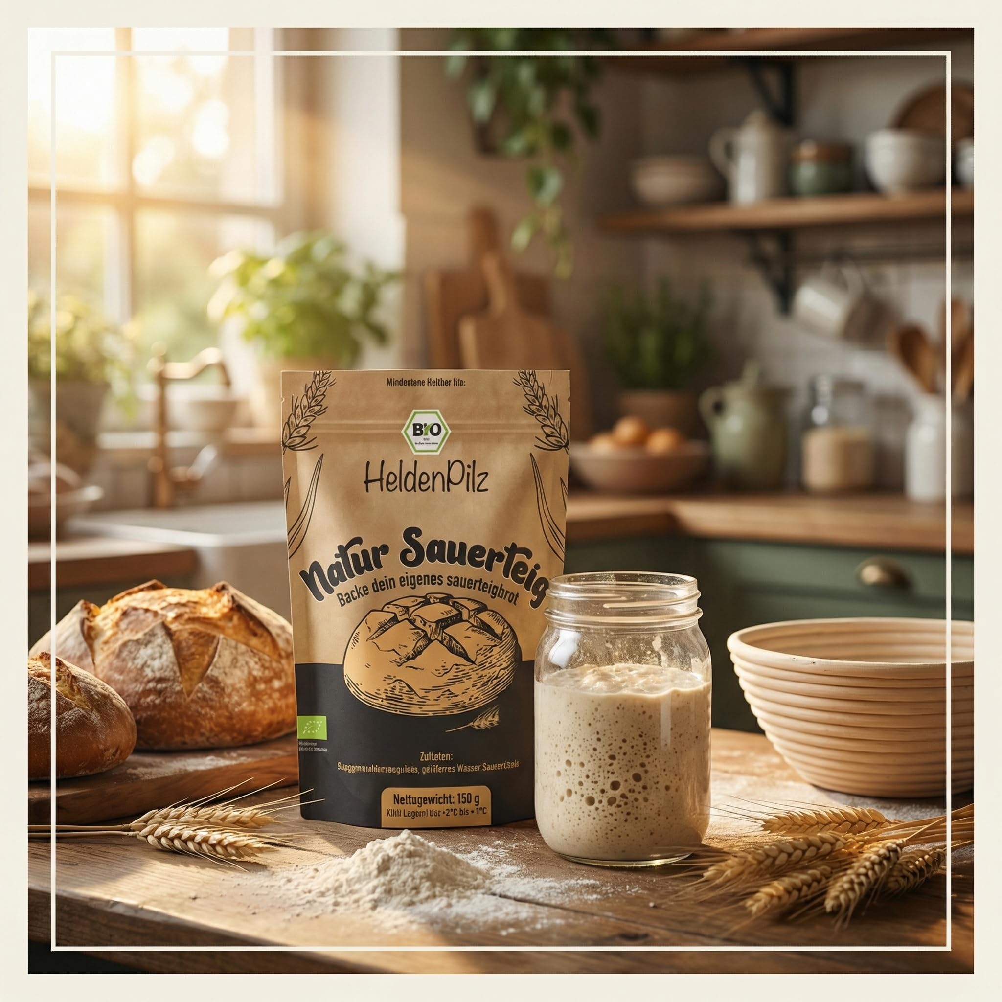 HeldenPilz | Masa agria orgánica fresca | Set para hornear pan + regalo | hacer pan crujiente tú mismo, incluye instrucciones y recetas, ingredientes 100% naturales (centeno para iniciar la levadura