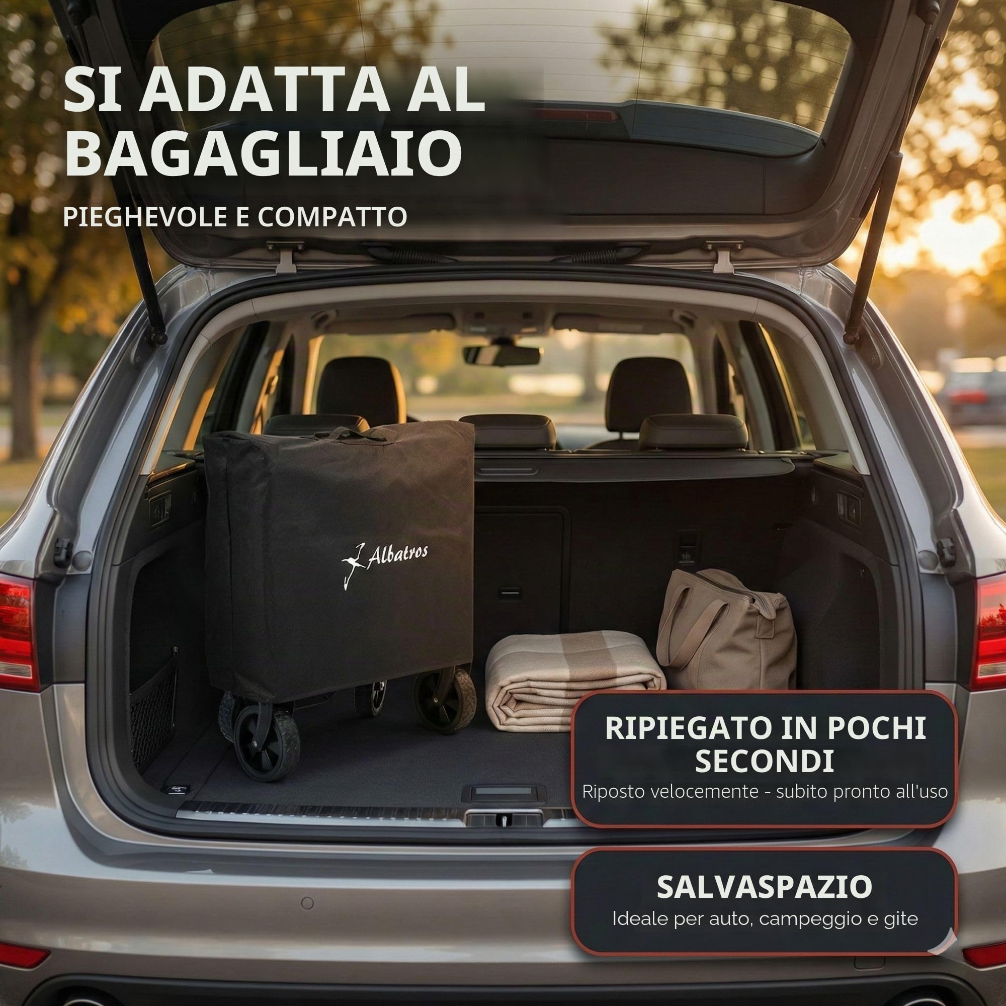 Albatros Carrello pieghevole da 120 l con apribottiglie e portabevande – Carrello pieghevole con strisce riflettenti, apertura della parete posteriore e copertura – Carrello per il trasporto