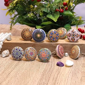 Cosynee Vintage Multicolor Printed Ceramic Pull Knobs for Kitchen Cabinet, Door & Drawer, Wardrobe, Cupboard (Set of 10)