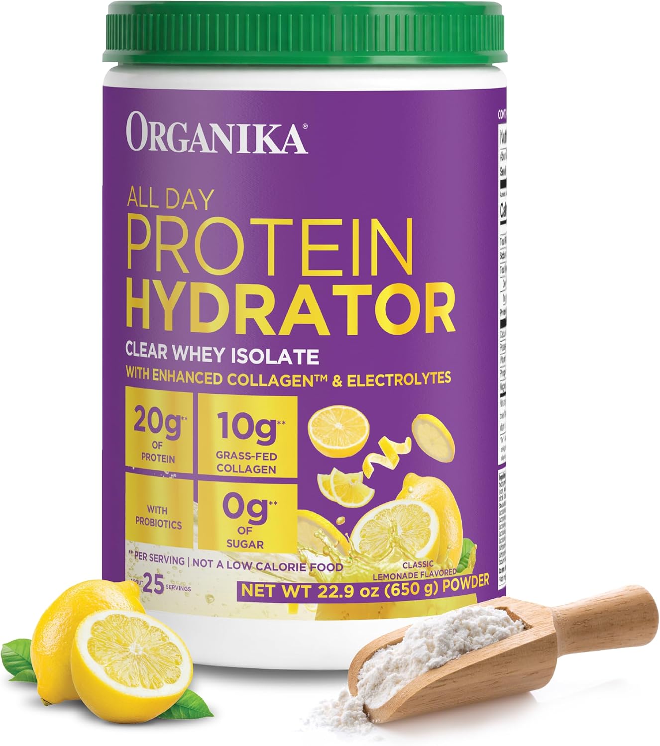 Organika Protein Hydrator Clear Whey Isolate Drink Mix with Collagen, Electrolytes & Probiotics, Classic Lemonade Flavor, 0g Sugar, 25 Servings