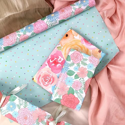 Miniatura 4 de LaRibbons Rollo de papel de regalo floral reversible, 17 pulgadas x 33 pies (46.7 pies cuadrados), diseño de acuarela colorida de doble cara y