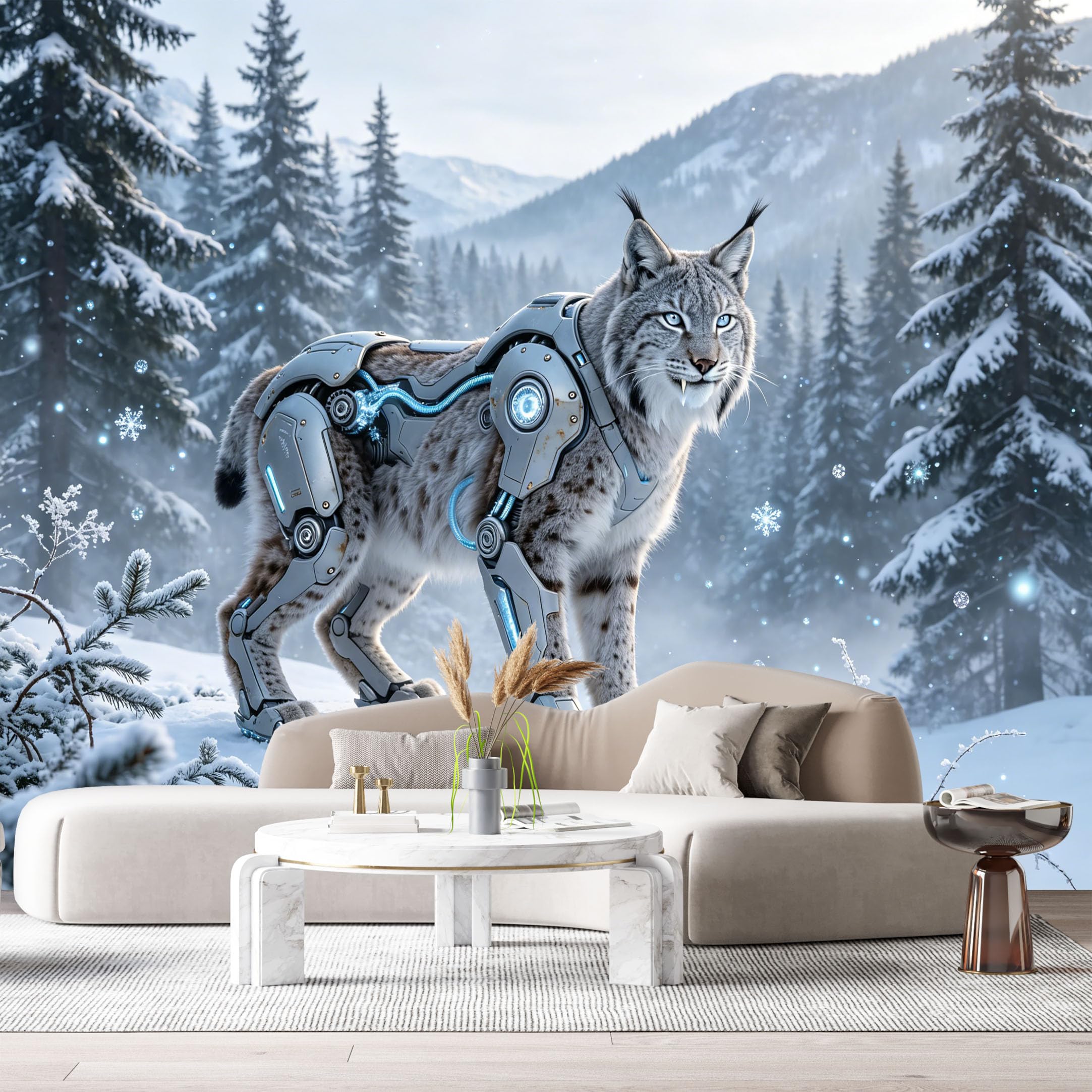 Custom Size Wall Mural Cybernetic Snow Lynx Mech Science Fiction Animal Futuristic Wilderness Textured SelfAdhesive Art Prints Removable Large Wallpaper Esports Room Game Room Studio