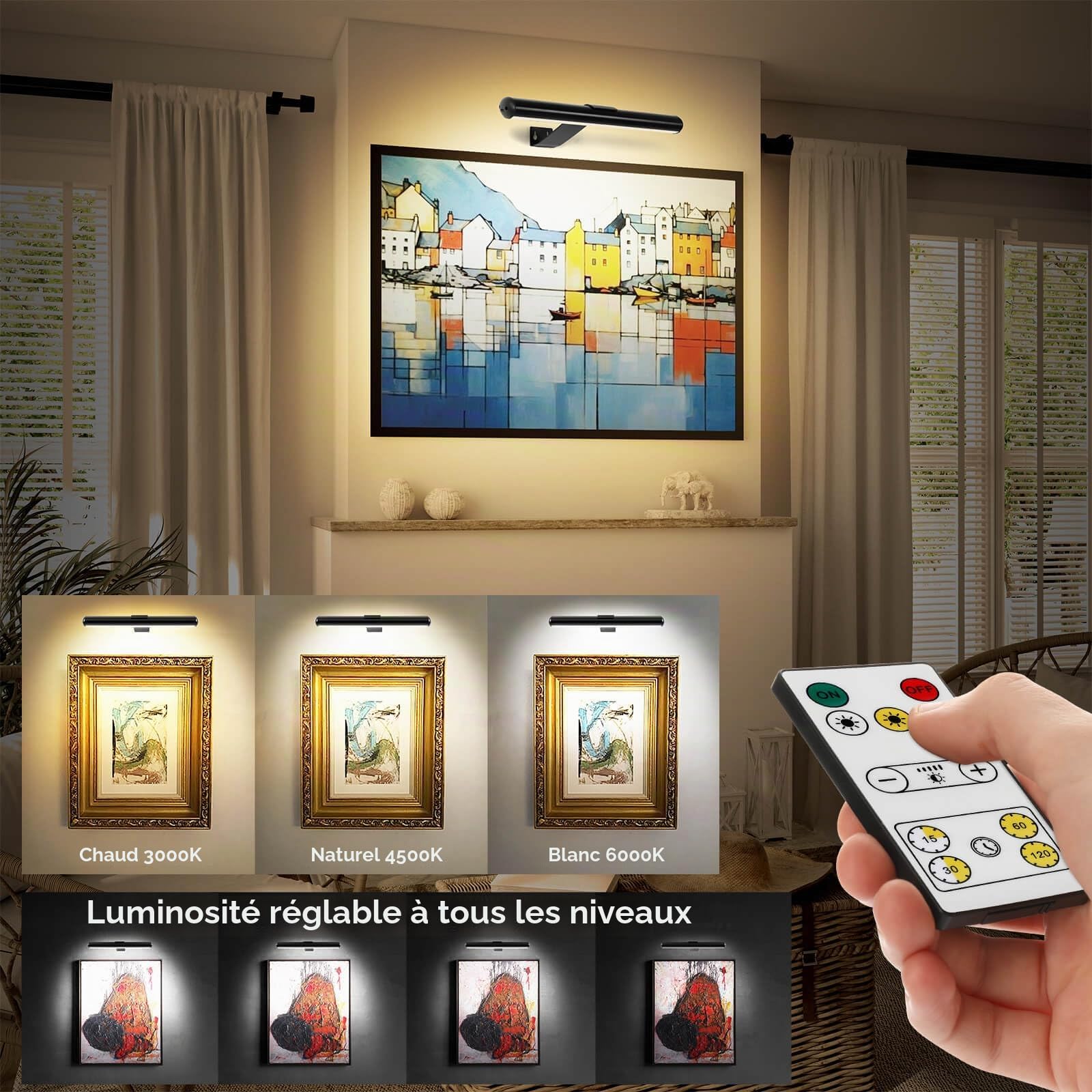 Lampe Murale à Télécommande，Image Lampe LED sans fil, batterie rechargeable, pour des œuvres d'art, luminosité de 300 lumens, réglable, pour la fresque et les fléchettes avec corps en métal