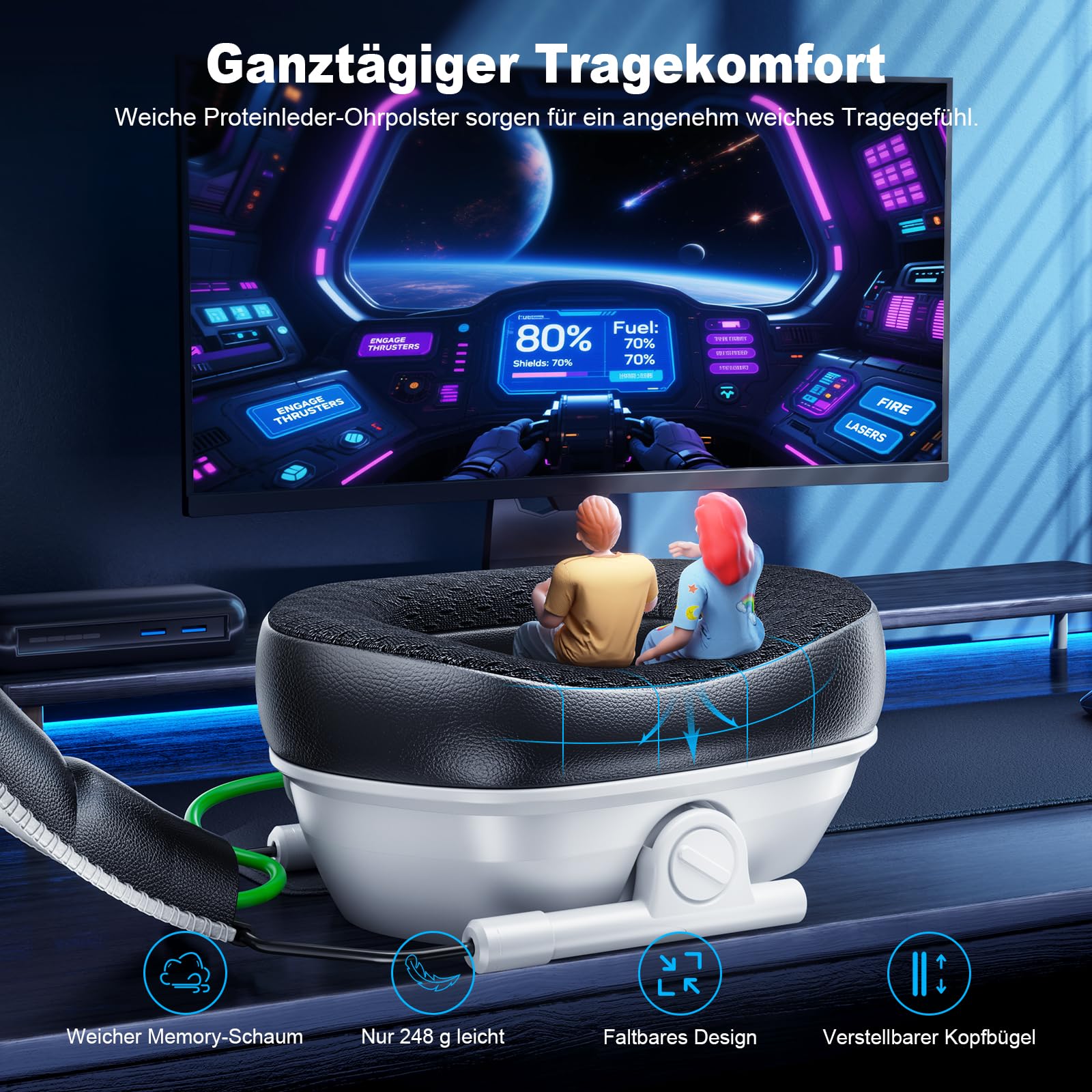Fachixy Gaming Headset Wireless für PS4, PS5, Switch, PC, Mac, Laptop, 60H 2.4GHz Gaming Headset mit Noise Cancelling Mikrofon, Kabelloses Bluetooth kopfhörer mit LED-Lichtern, Surround Sound
