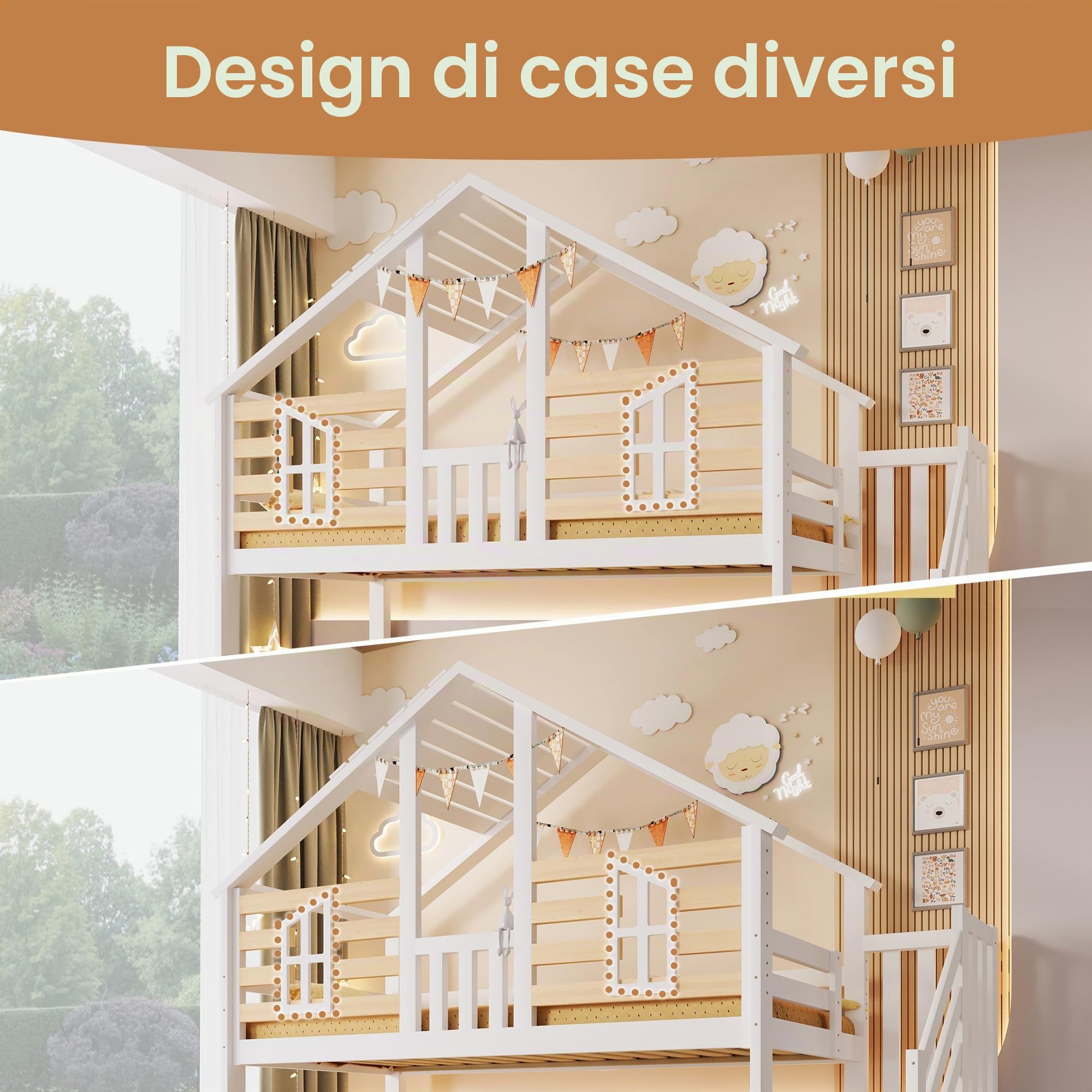 Letto a castello, 90x200cm + 140x200cm, design a casa, design con finestra, scaletta contenitore, letti di varie misure, senza materasso, bianco + naturale((Bianco + Naturale)-B)