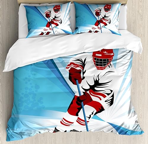 Ambesonne Juego de funda de edredón de hockey, jugador de hockey hace un tiro fuerte en la portería, ilustración rival, fondo abstracto, juego de