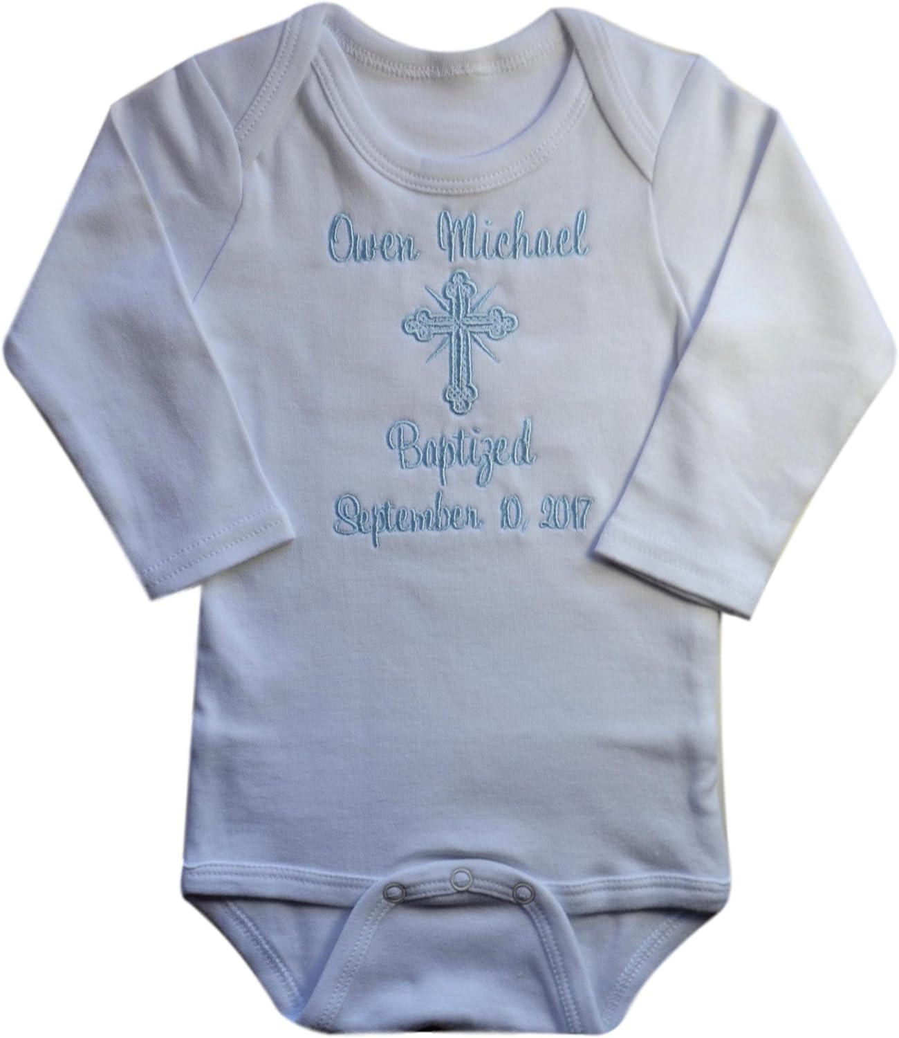 Funny Girl Designs Personalized Christening Keepsake Romper Bodysuit Embroidered with Name and Baptism Date