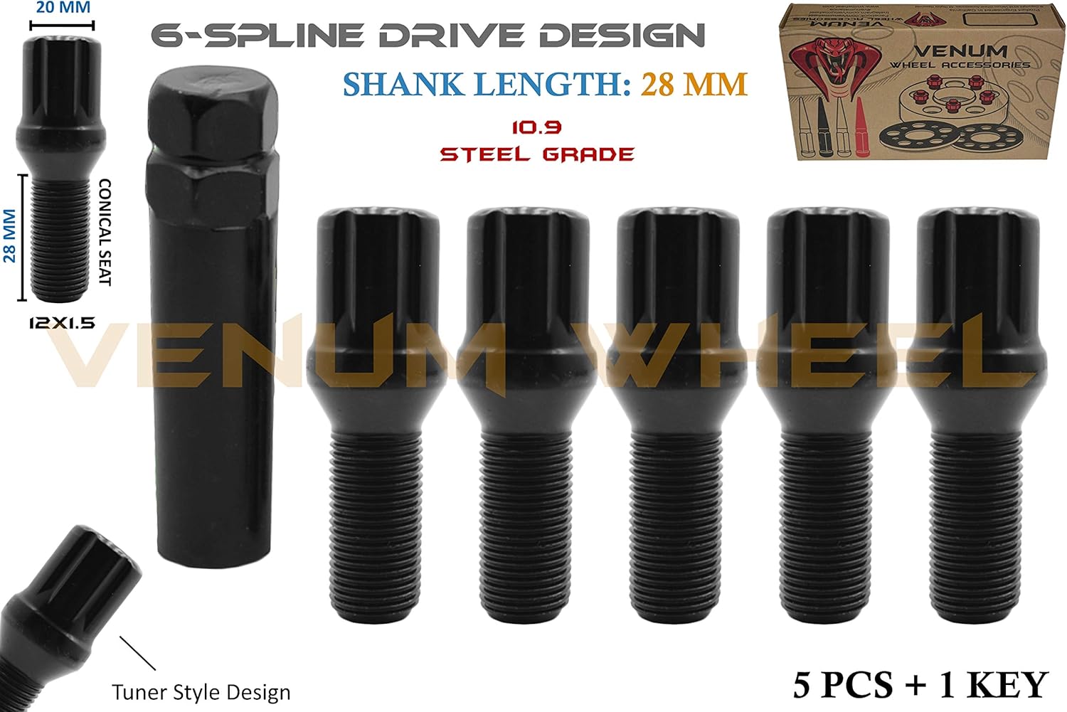 Venum wheel accessories 5 Pc + Bargain Key 1 security Socket 12x1.5 Black Splin