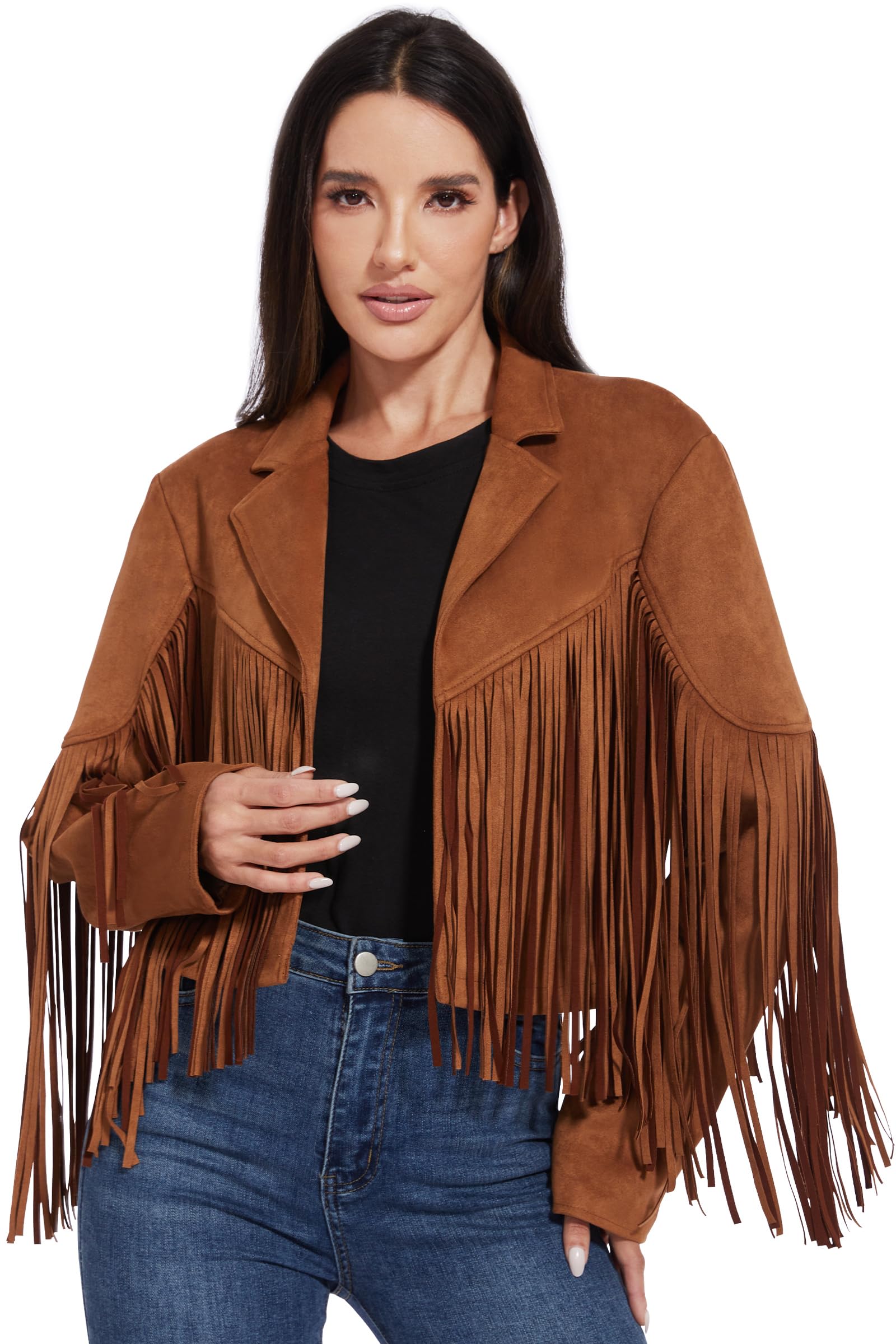 Fahsyee Damen Kunstleder Wildlederimitat Jacke Cowgirl Mantel | Cropped Western Outfit mit fransen Vegan für Country-Konzert