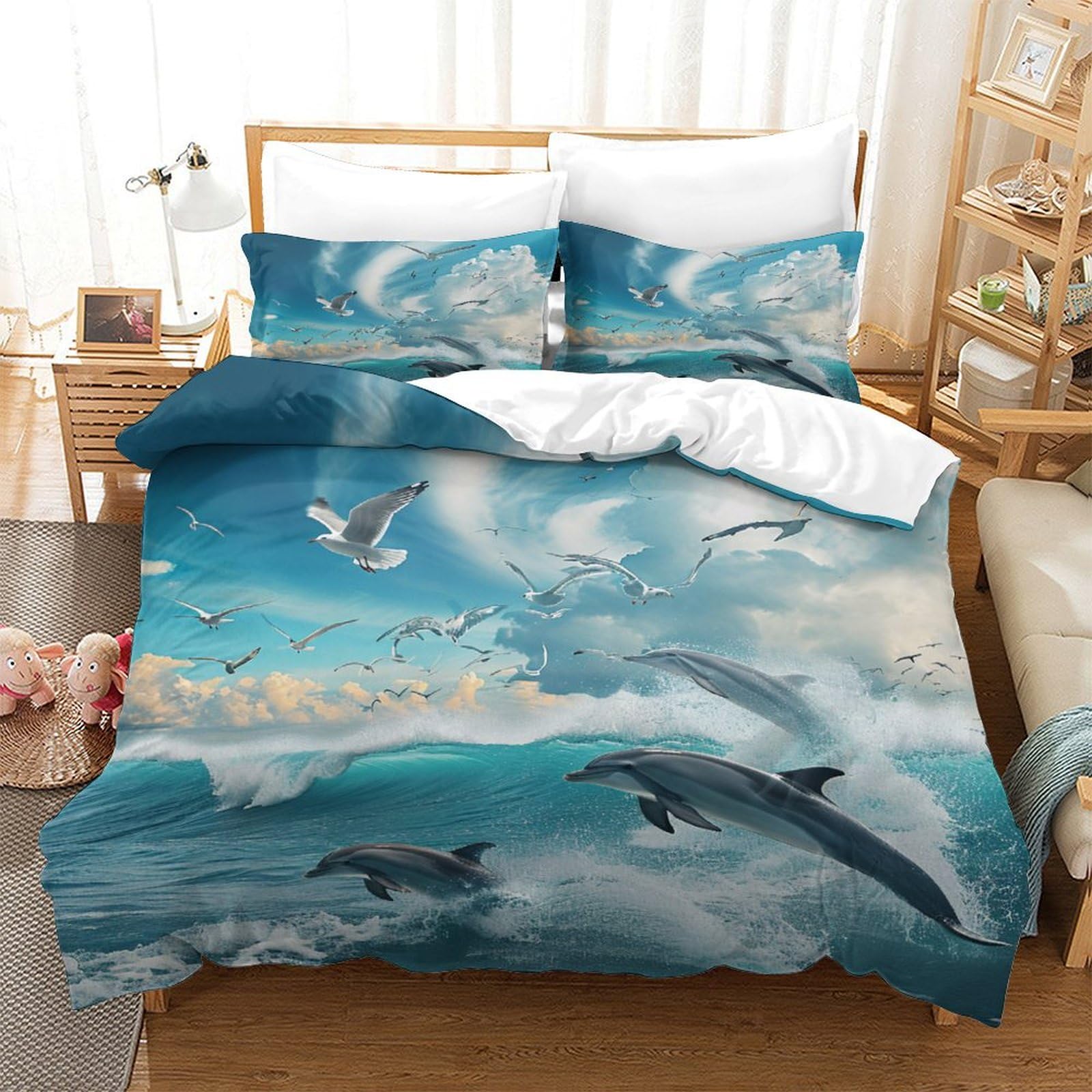 Parure de lit 260x240 en microfibre ultra douce avec motif vagues marines