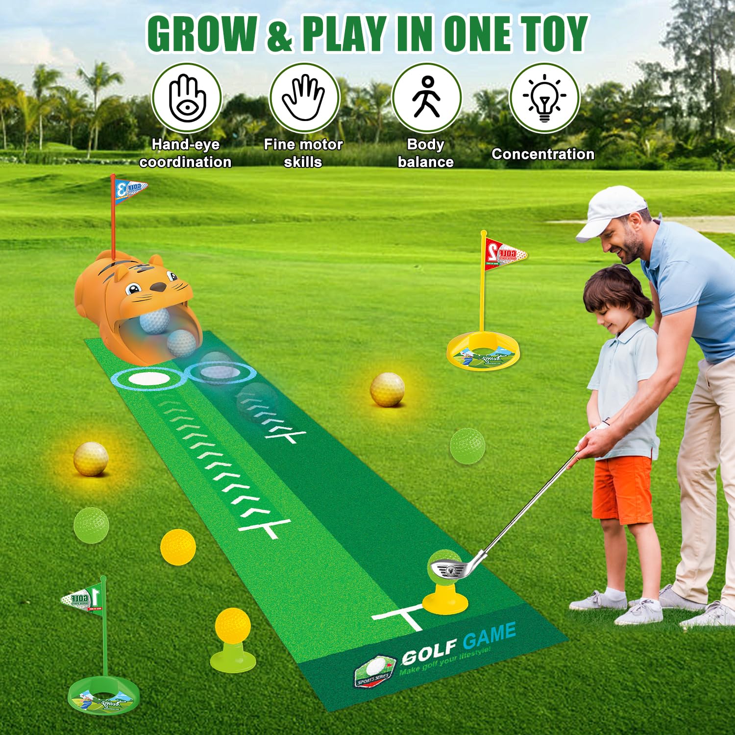 Jouet de golf pour enfants, kit de jeu de golf comprenant un tapis de golf, 3 clubs de golf, 8 balles, 2 trous d'entraînement et 3 drapeaux de golf, chaque lieu peut être utilisé