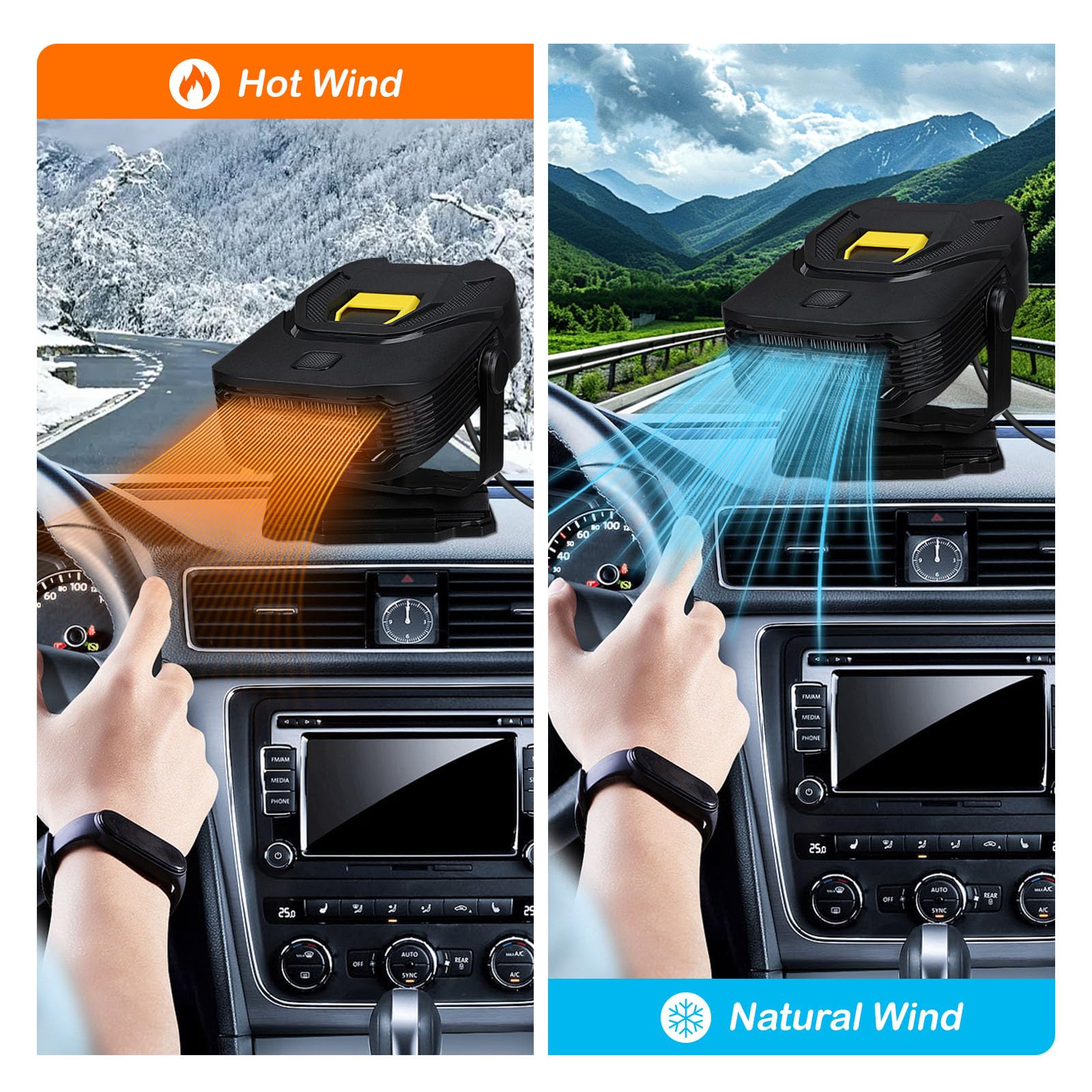 Riscaldamento 12V per Auto Portatile Stufetta per Auto Sbrinatore Parabrezza Auto con Rotazione a 360° Ventola di Riscaldamento/Raffreddamento da 2 in 1 Demister Anticuolino per Tutti i Veicoli