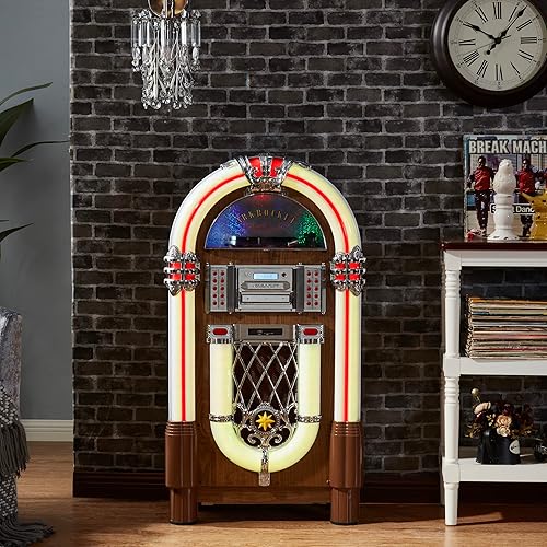 Miniatura 5 de Arkrocket Jukebox reproductor de discos de vinilo de tamaño completo Bluetooth USB SD Reproductor de CD Radio Tocadiscos Retro Jukebox clásico