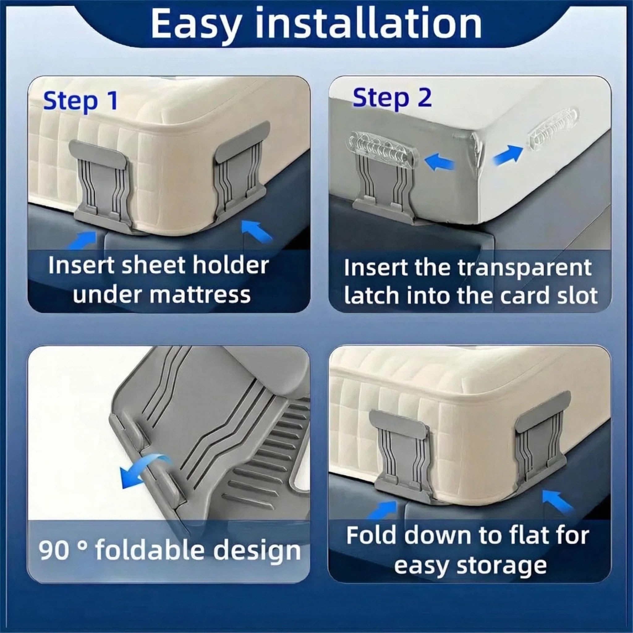 4 tenditori universali per Lenzuola con Clip di bloccaggio: impediscono Lo Scivolamento per materassi di Qualsiasi Dimensione, Montaggio rapido e Lenzuola permanentemente tese (Grigio)