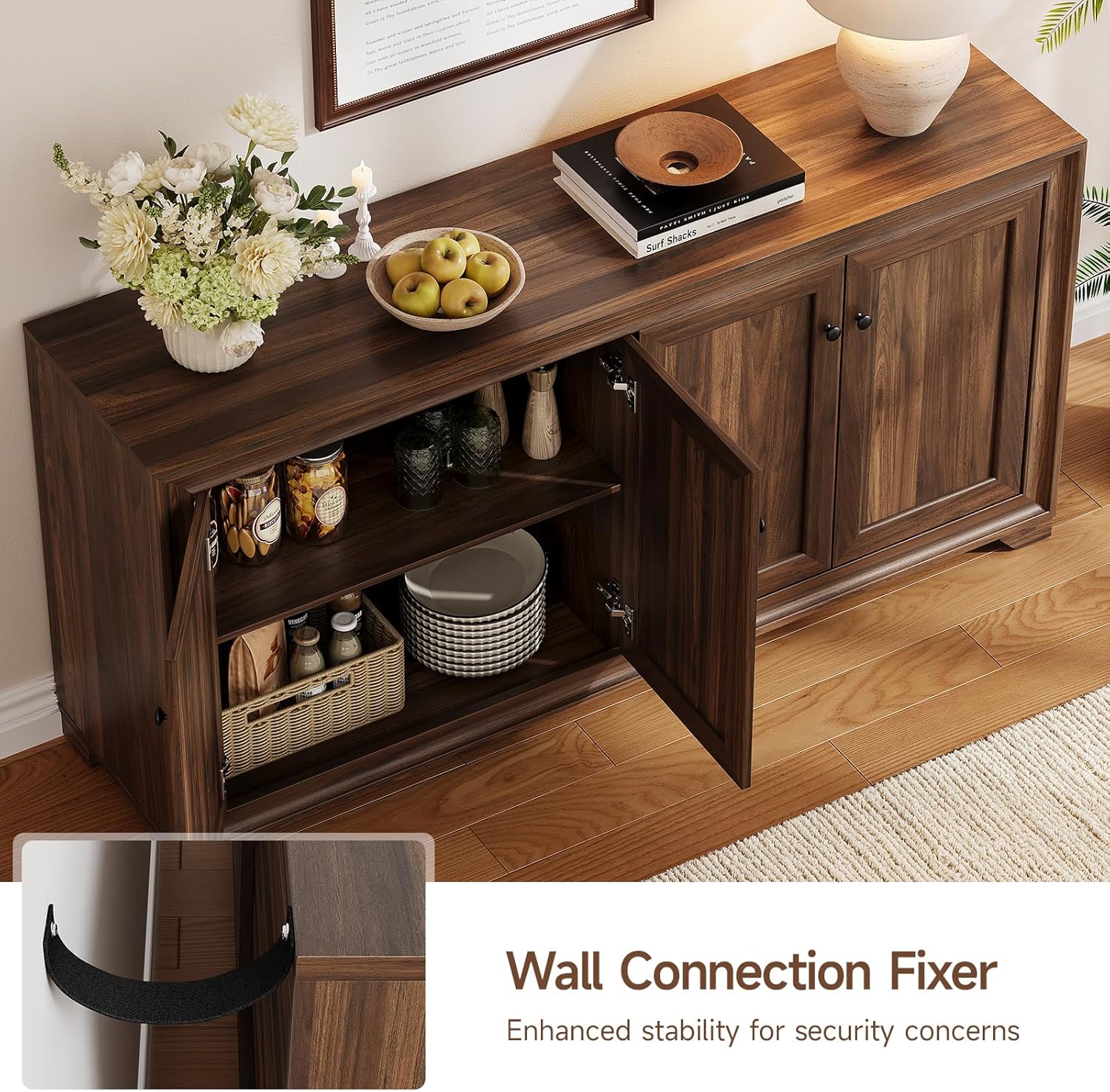 ONBRILL 60" Buffet Cabinet with Storage, 4 Doors Sideboard Buffet Cabinet with Adjustable Shelves, Modern Coffee Bar Console Table for Living Room, Kitchen, Entryway, Brown