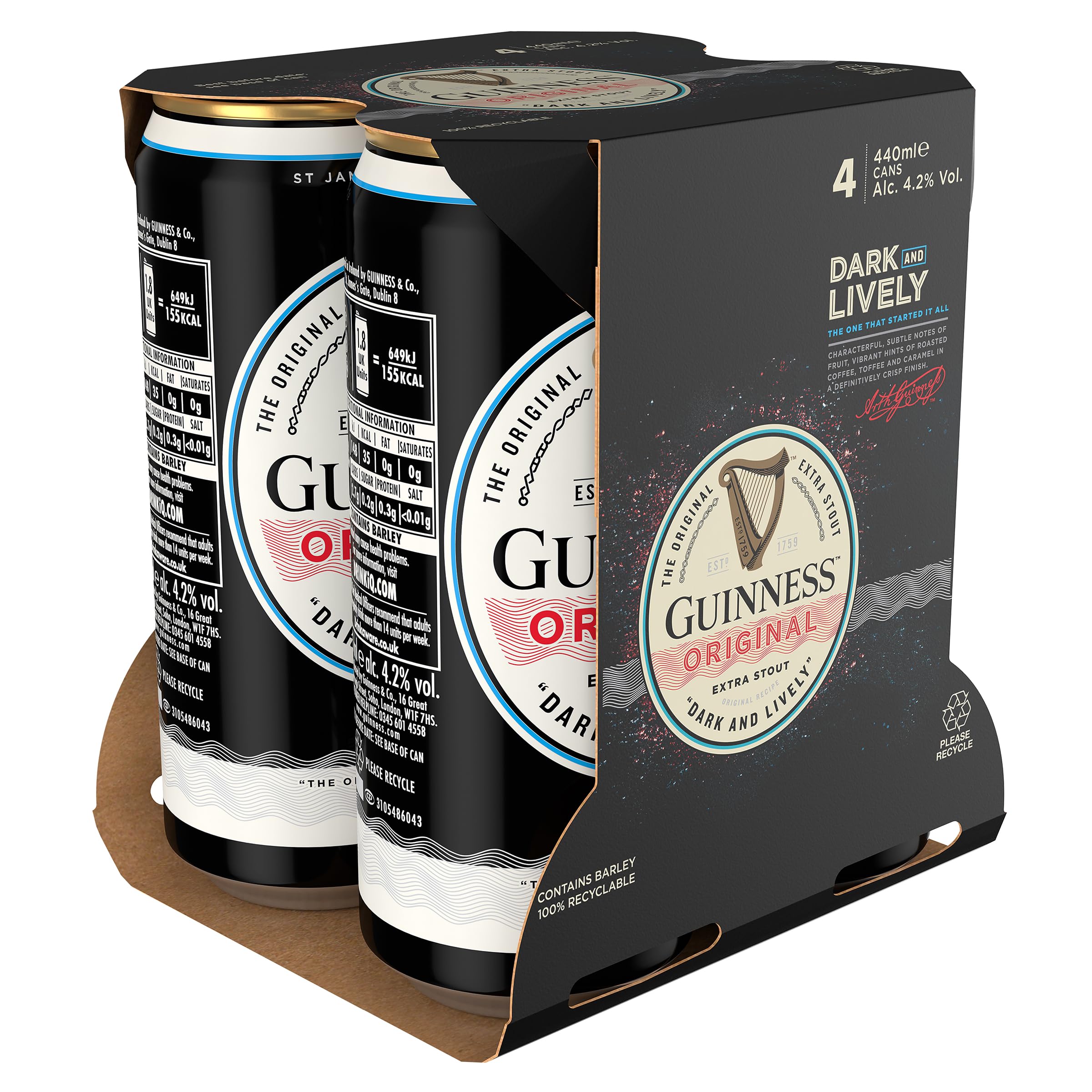 Original Extra Stout | 4.2% vol | 4 x 440ml Beer Cans| Medium & Balanced | Bitter & Sweet | Rich Creamy Head | Crafted from Quality Malt | Hops & Irish Barley