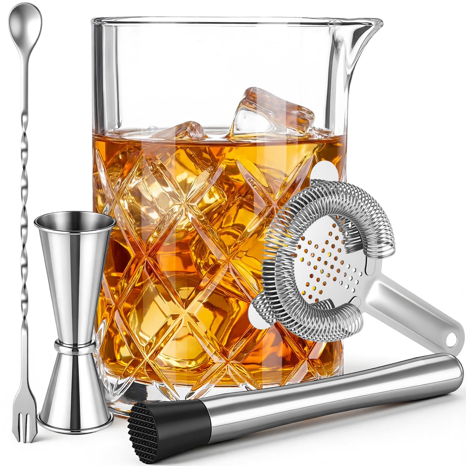 Zhehao Set di 5 bicchieri da cocktail da 652 g, con fondo spesso in cristallo, cucchiaio, misurino, colino e pestello, kit per mescolare cocktail da bar, regali per dilettanti e baristi
