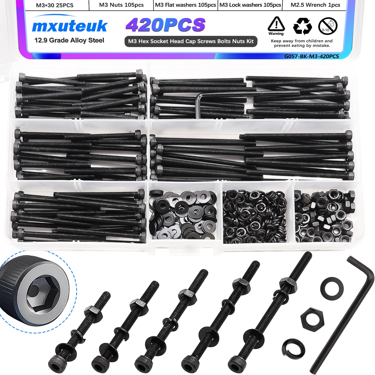 mxuteuk 720PCS M3 Screws Kit,M3×6/8/10/12/16/20mm M3 Screws Assortment Kits,12.9 Alloy Steel M3 Hex Socket Head Bolts Nuts Washers Set Suitable for 3D Printer,DIY — Amazon image 27