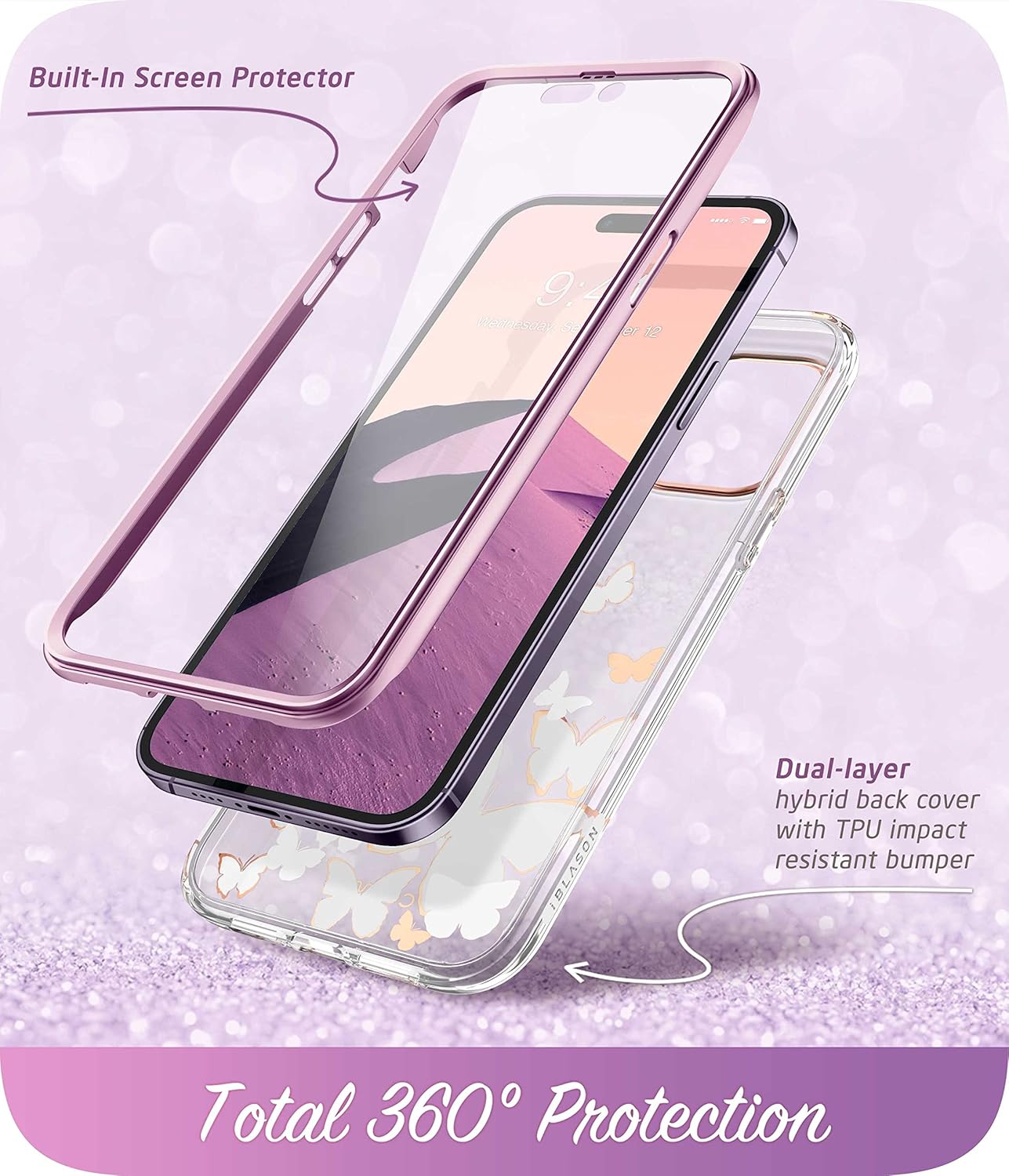 i-Blason Glitter Case for iPhone 14 Pro (6.1 Inch) Mobile Phone Case 360 Degree Case Bumper Protective Cover [Cosmo] with Screen Protector 2022 Edition (Purplefly)