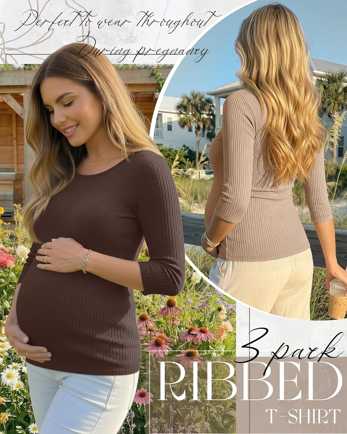 Neer 3 Pack Women's 3/4 Sleeve Maternity Shirts Ribbed Pregnancy Work Tops Quarter Sleeve Round Neck Maternity Clothes - Image 3