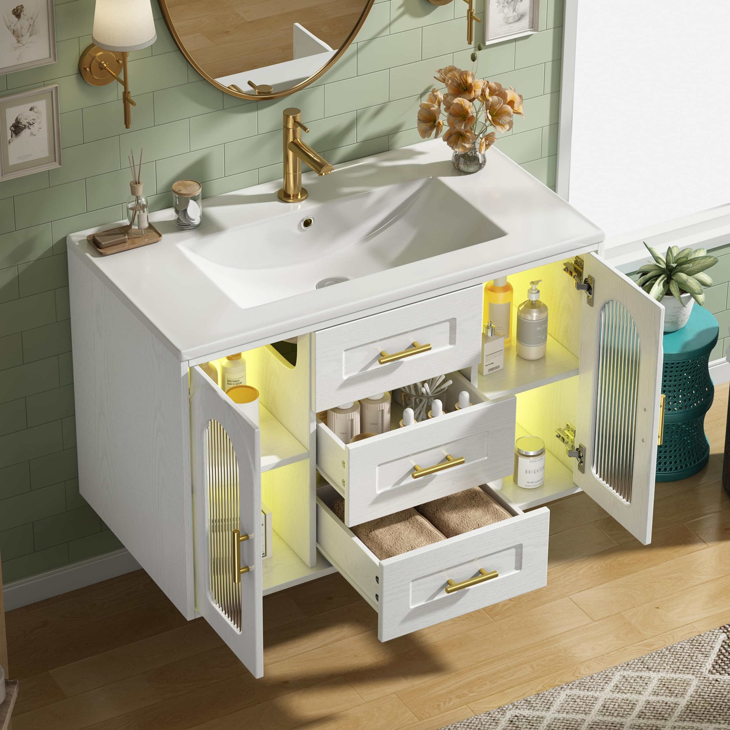 Mueble de baño de 76 cm con cajones y estantes ajustables para organizar tu aseo