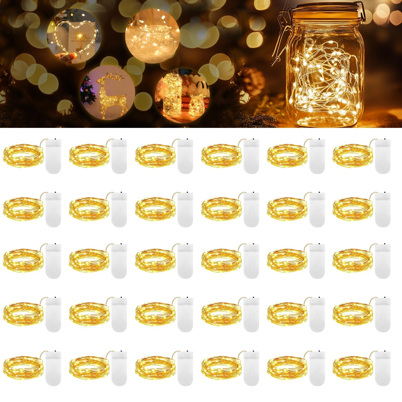 Lot de 30 Guirlande Lumineuse LED Mini Guirlande a Pile 1M 10 Fil de Cuivre Intérieur et Extérieur Décoration Lumière pour bouteille Mariage Fête Noël ChambreBlanc Chaud