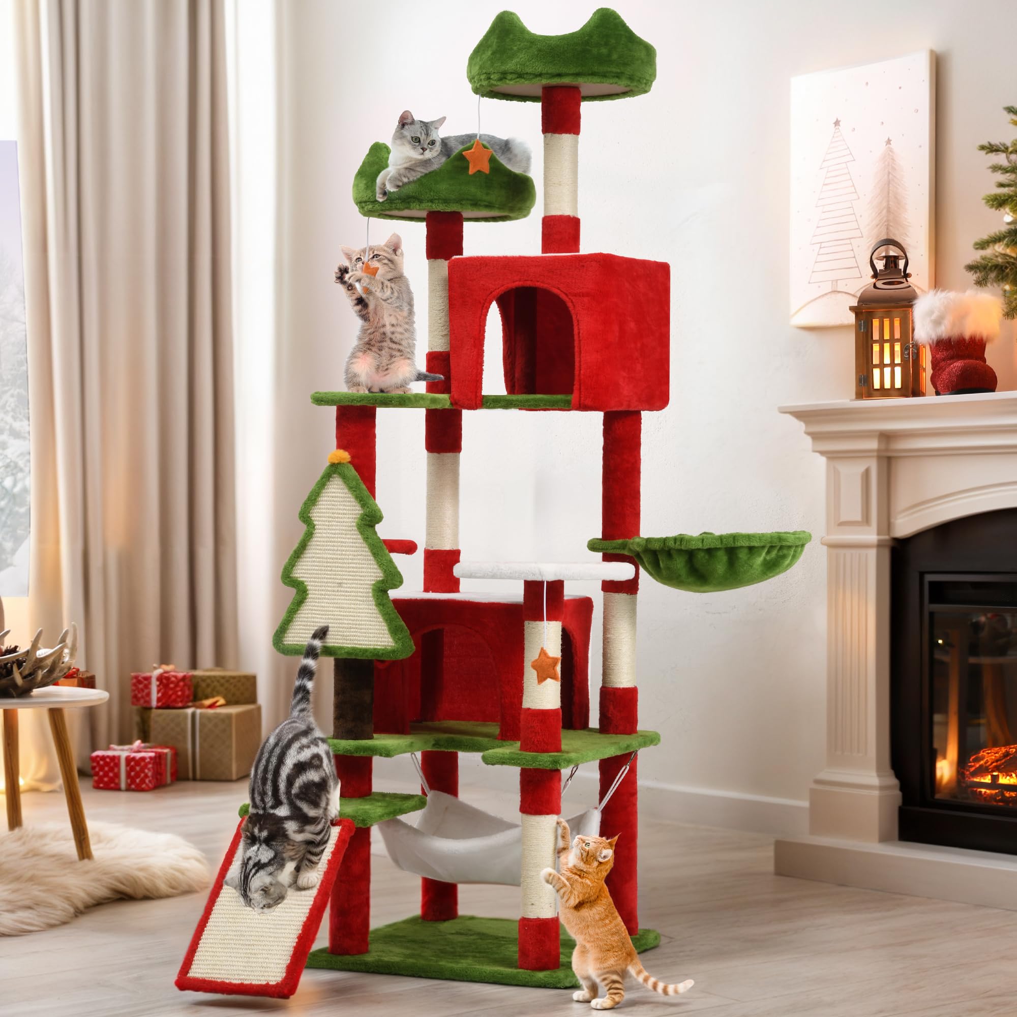 YITAHOME Torre per Tiragraffi per Gatti da 190 cm con Condomini, Trespoli Superiori, Amaca, Pali e Tiragraffi in Sisal, Centro Attività di Gioco per Gattini, Decorazioni Natalizie