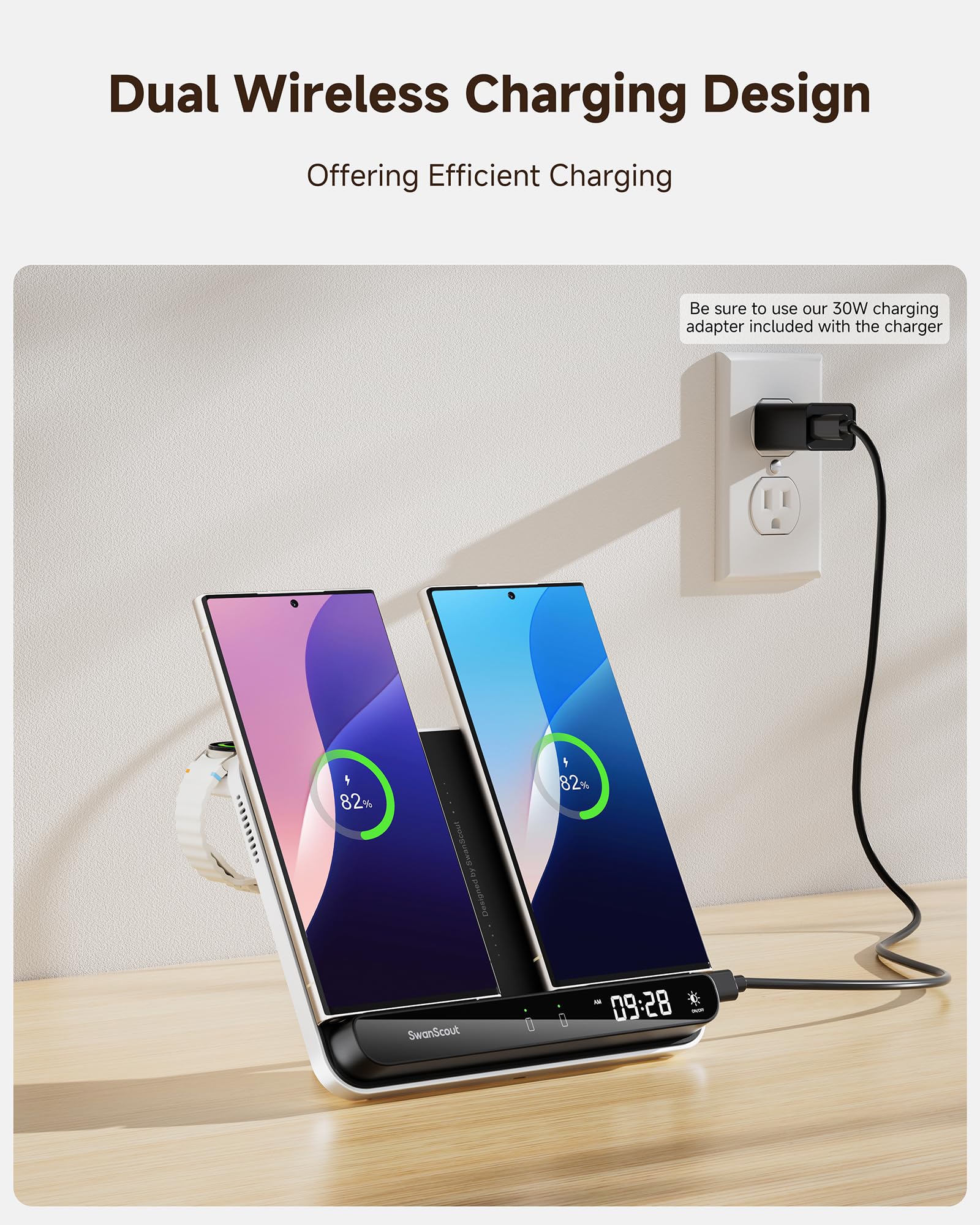 Bezprzewodowa Ładowarka do Samsung, Podwójna Stacja Ładująca Indukcyjna do Samsung Galaxy S25/S24/S23/S22/S21/Z Flip 7/Z Fold 6, Galaxy Watch 8/8 Classic/7/Ultra/6/5/4, SwanScout 710S