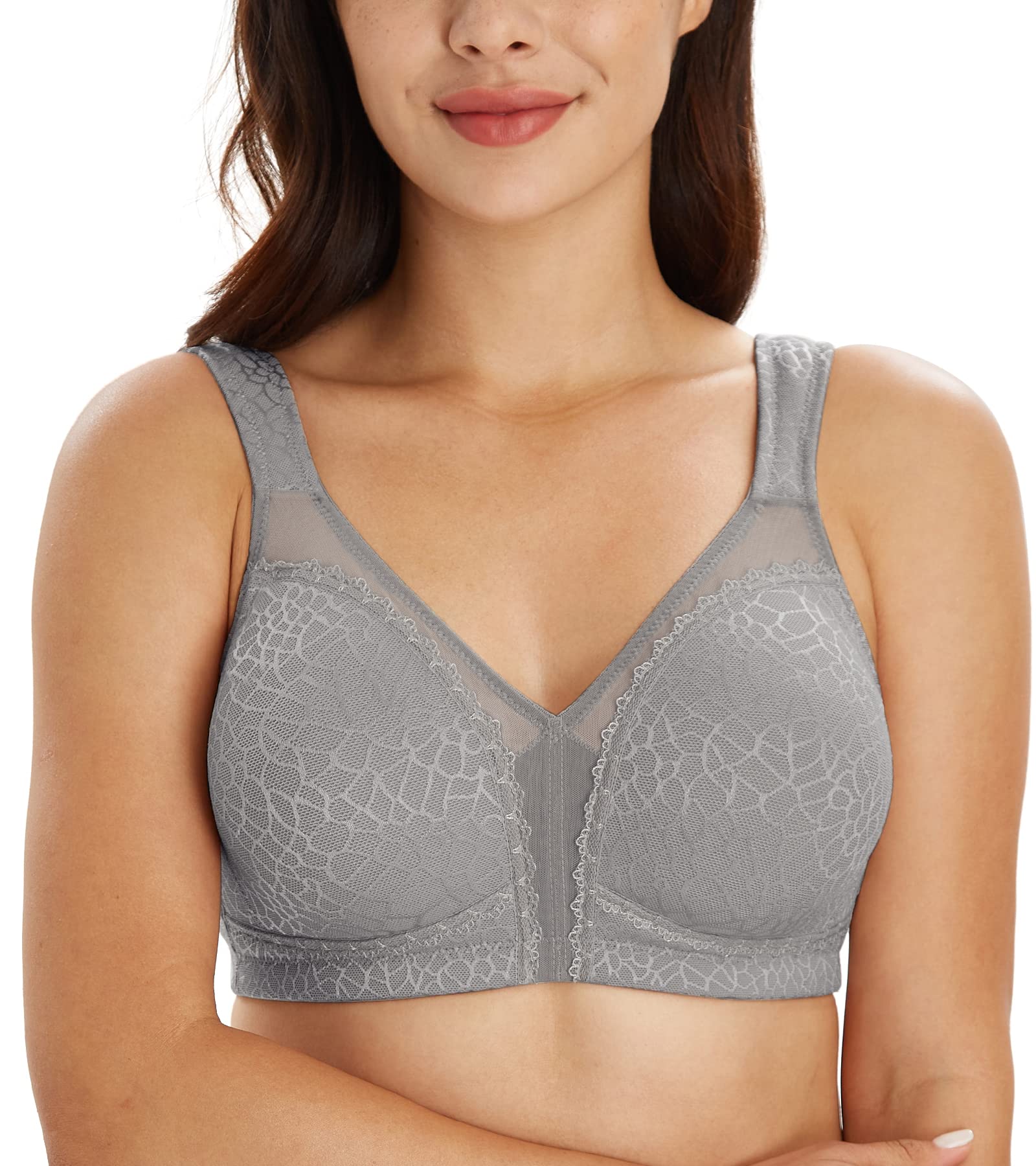 Lemorosy Women's Full Coverage Minimizer Bra Wirefree Plus Size Unpadded Lace Soft Support Bra