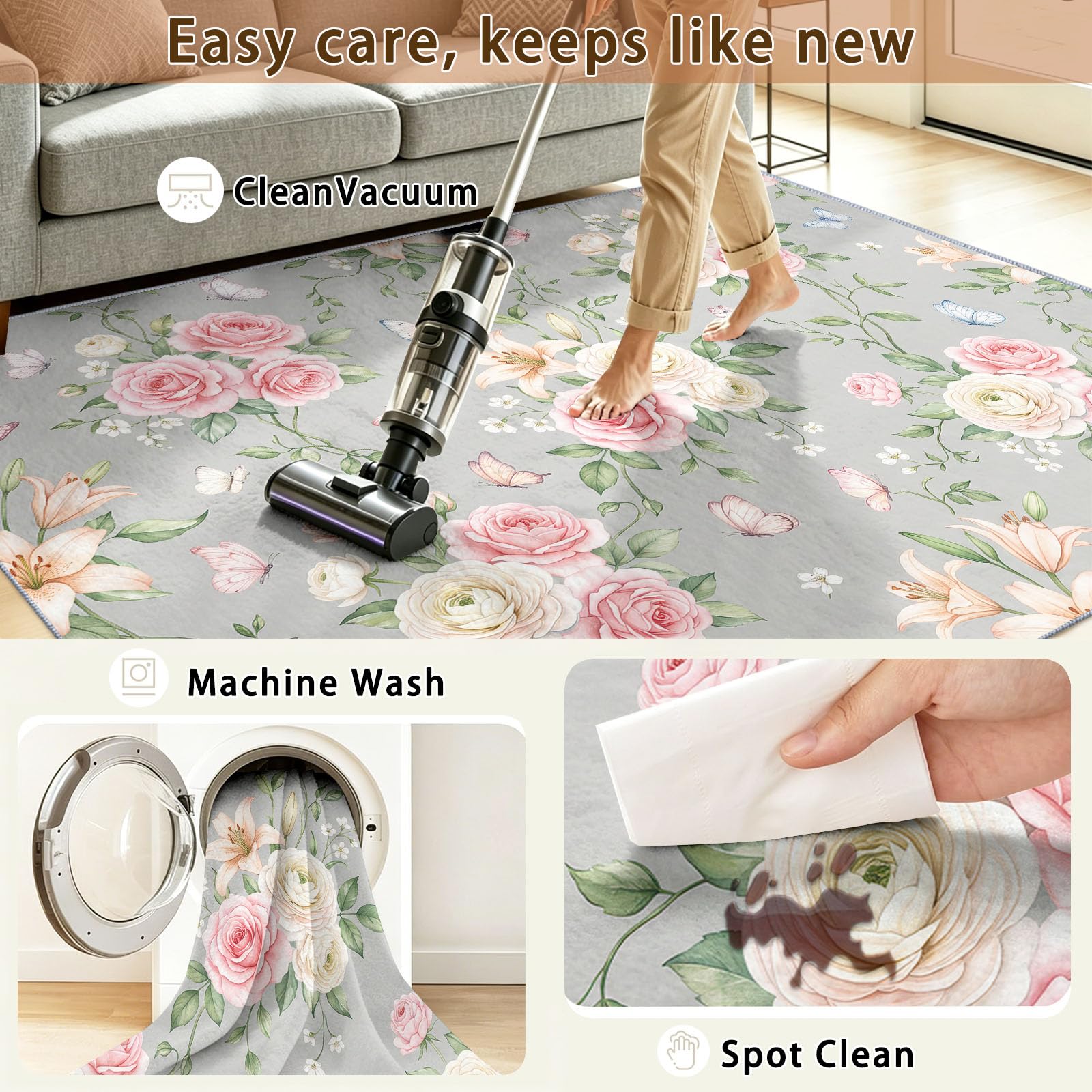 Natur Kurzflor Teppich | 80 x 150 cm Floral Schmetterlinge Blätter Maschinenwäsche Pflegeleicht strapazierfähig， für Kinderzimmer, Schlafzimmer Wohnzimmer