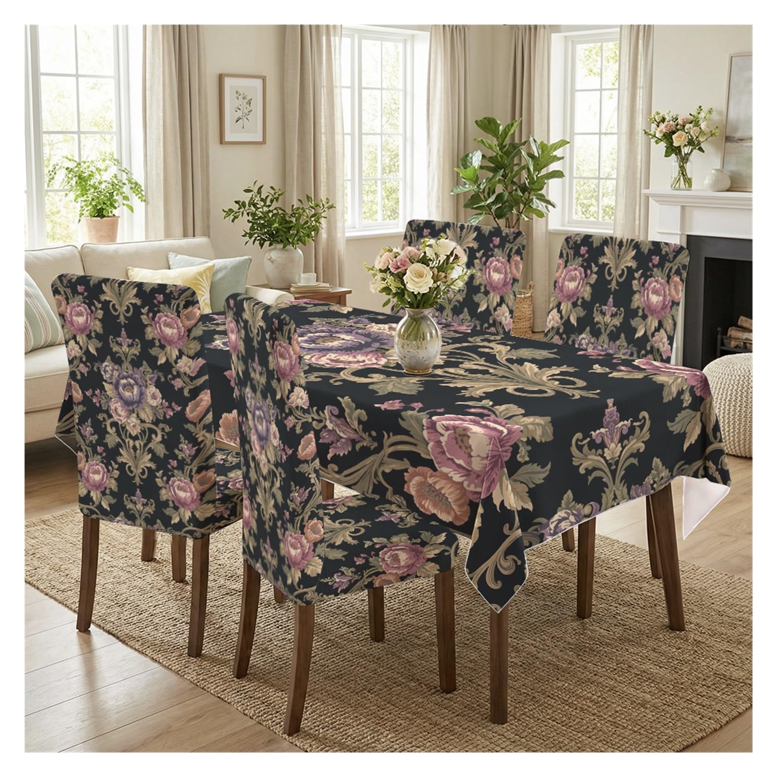 BOSUYBN Dark Floral Damask Dining Chair Covers & Tablecloth Set, 5/7 Piece Black Gold Pattern Slipcovers For Luxurious Dining Decor Table Setting(5pcs Set: Tablecloth+Chair Covers)