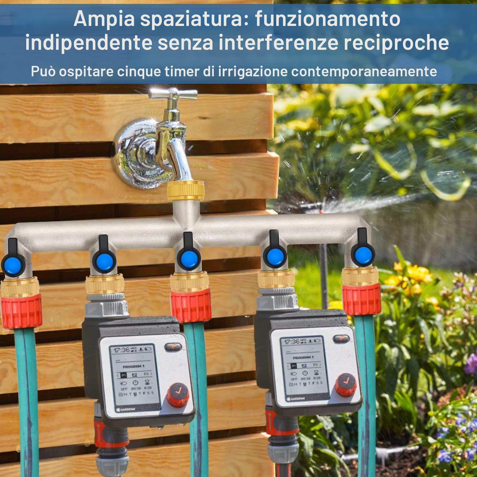 5 vie rubinetto distributore acqua in ottone per 5 dispositivi/tubi da giardino, 5 distributori 3/4" adattatore 1/2" con valvola a sfera per regolare e bloccare il flusso d'acqua