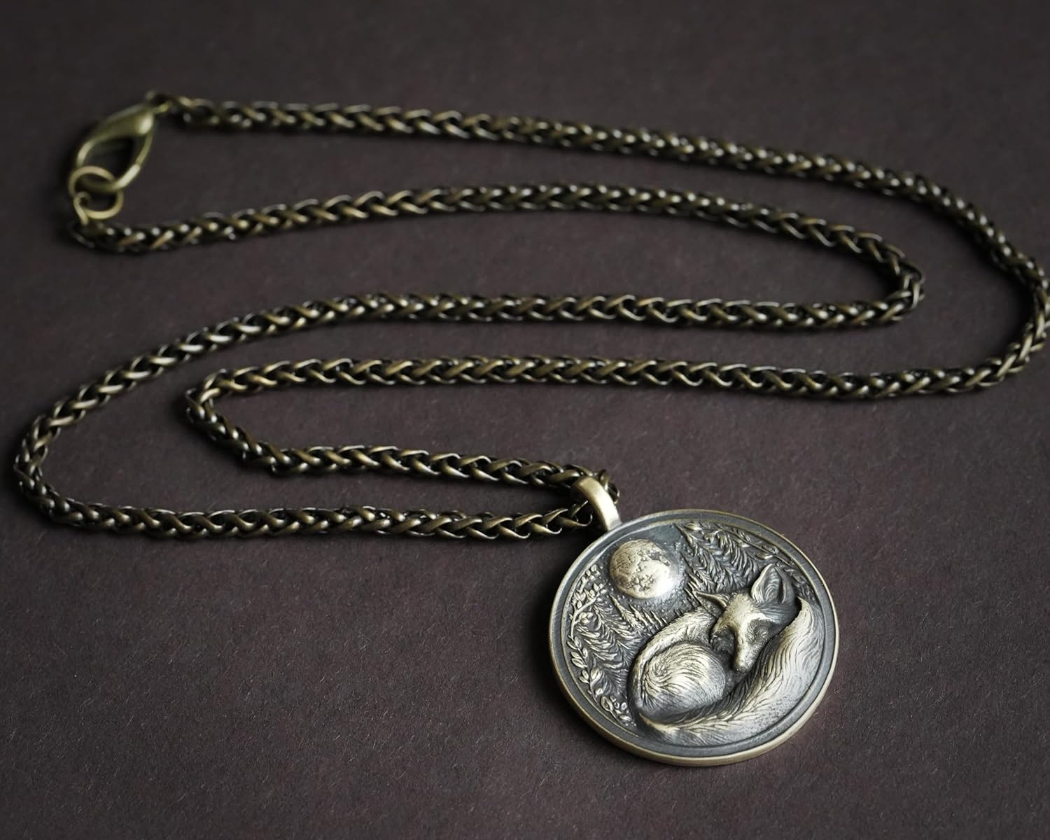 Baldur Jewelry - Sleeping Fox in Full Moon Forest Nature Necklace Pendant - Brass and Silver Casting - Handmade in Our Workshop - Comes With Chain - Jewelry Amulet