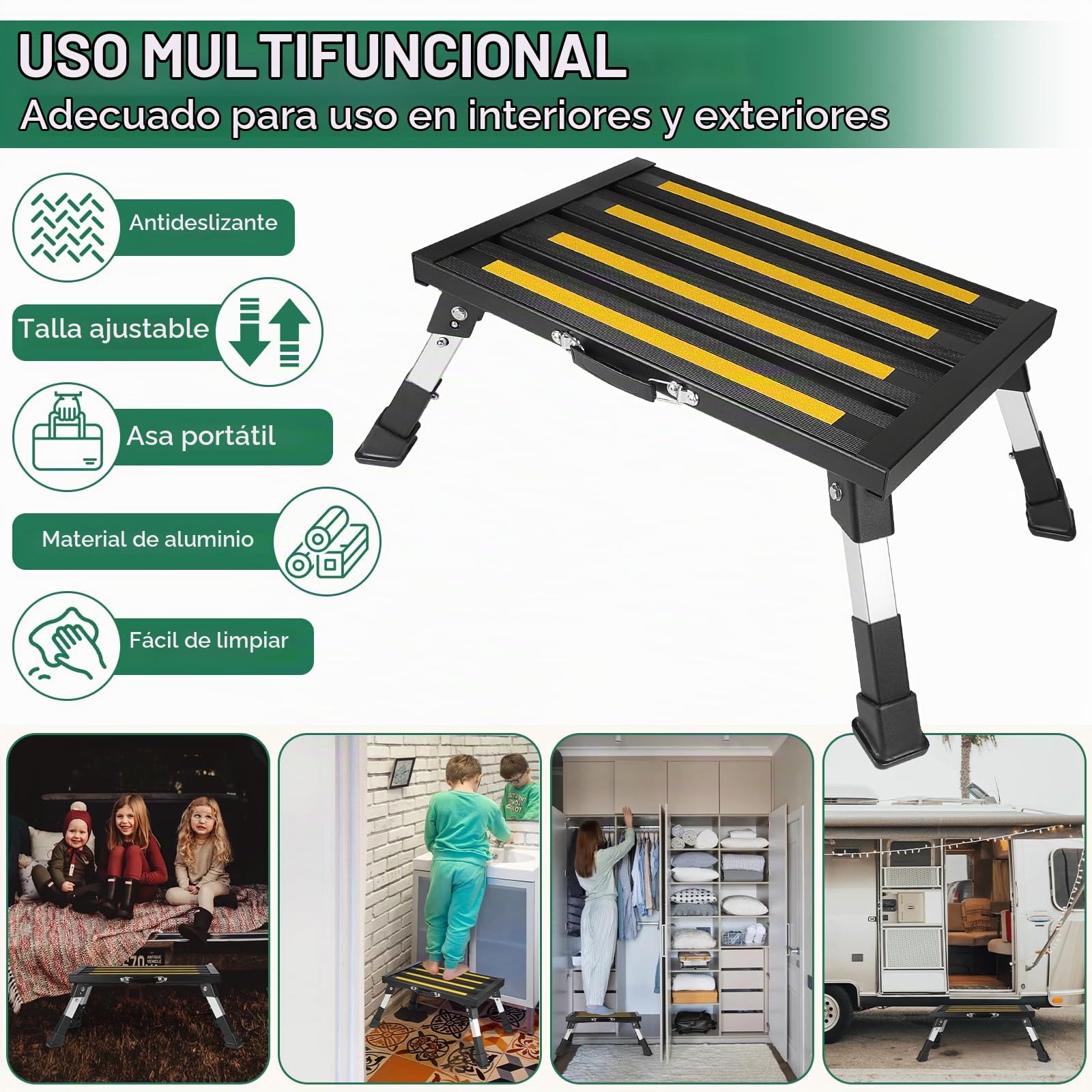 DBREAKS Taburete Plegable Antideslizante de Aluminio con 4 Alturas Ajustables y asa de Transporte, Peldaño Plegable Escalon para Caravanas, para Adultos, Niños, Mascotas(Negro)