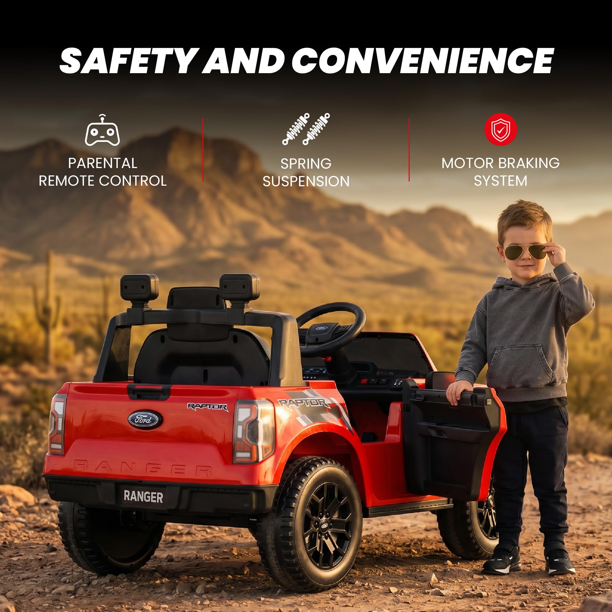 SUN BABY Ford Raptor - Auto Elettrica per Bambini 3-6 Anni, Macchina Elettrica 12V 4,5Ah, Telecomando Genitori, MP3, Luci LED, Sospensioni - Rosso