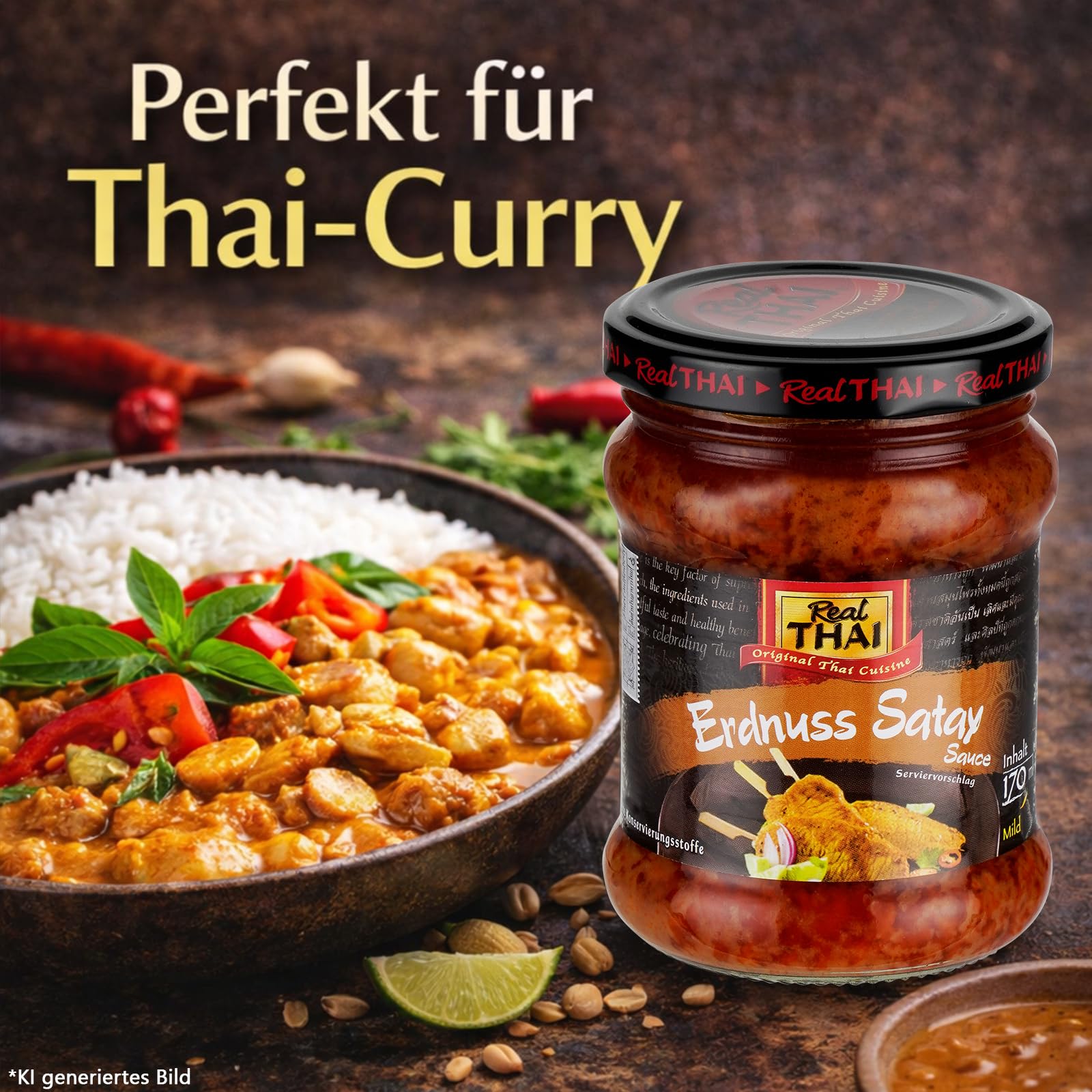 Real Thai Erdnuss Satay Sauce – 170ml, 6er Pack | Original thailändische Erdnusssauce mit Kokosmilch – Ideal als Dip & Marinade – Authentischer Geschmack