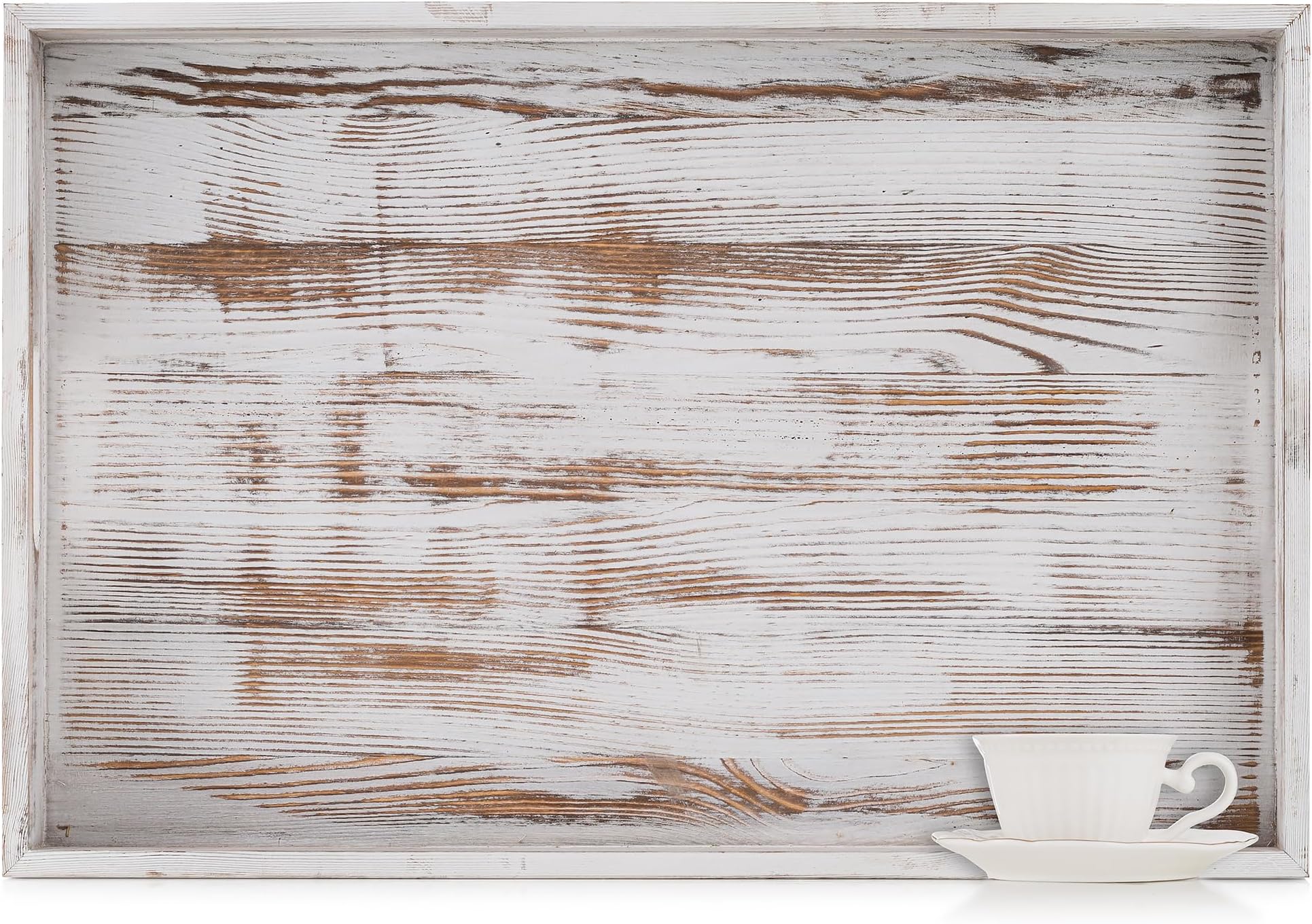 Hanobe Large Serving Ottoman Tray: Extra Wood Tray with Handles Rustic White Decorative Coffee Table Trays Farmhouse Home Decor Living Room Kitchen Counter, Whitewashed, Rectangle 60x40cm