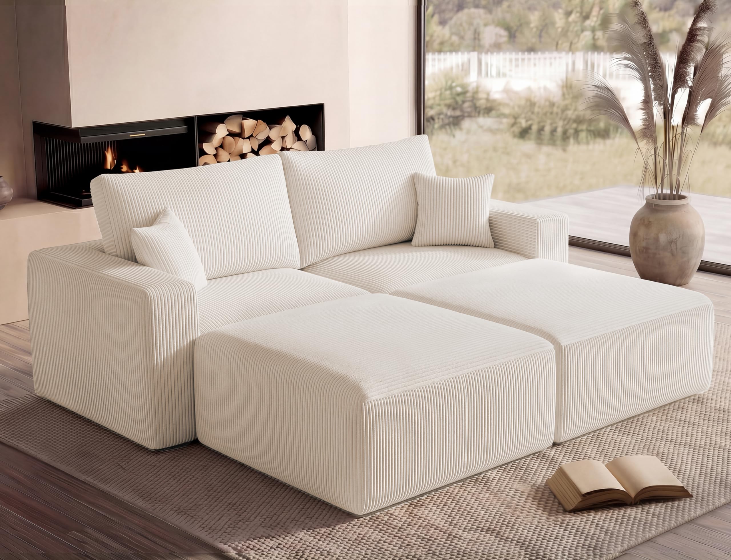 Living&Giving（WALKBON） Modular Sectional Sofa Bed with Ottoman, 79" Memory Foam Cloud Couch, Boneless Loveseat Corduroy Upholstered Floor Couch, No Assembly Required Living Room Furniture for Apartment Bedroom, Beige