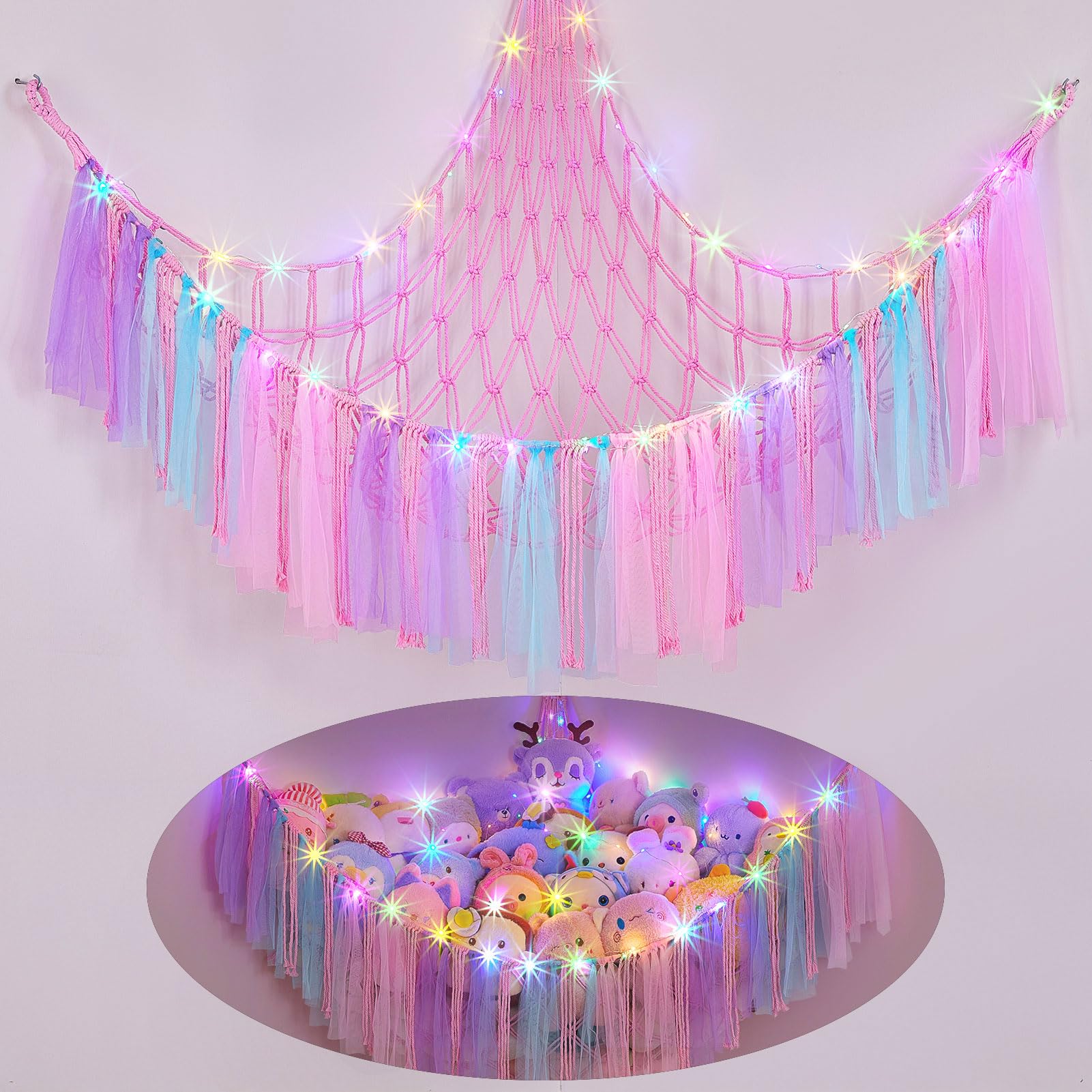 FIOBEE Stuffed Animals Net LED Light Toy Hammock for Kids Bedroom Storage