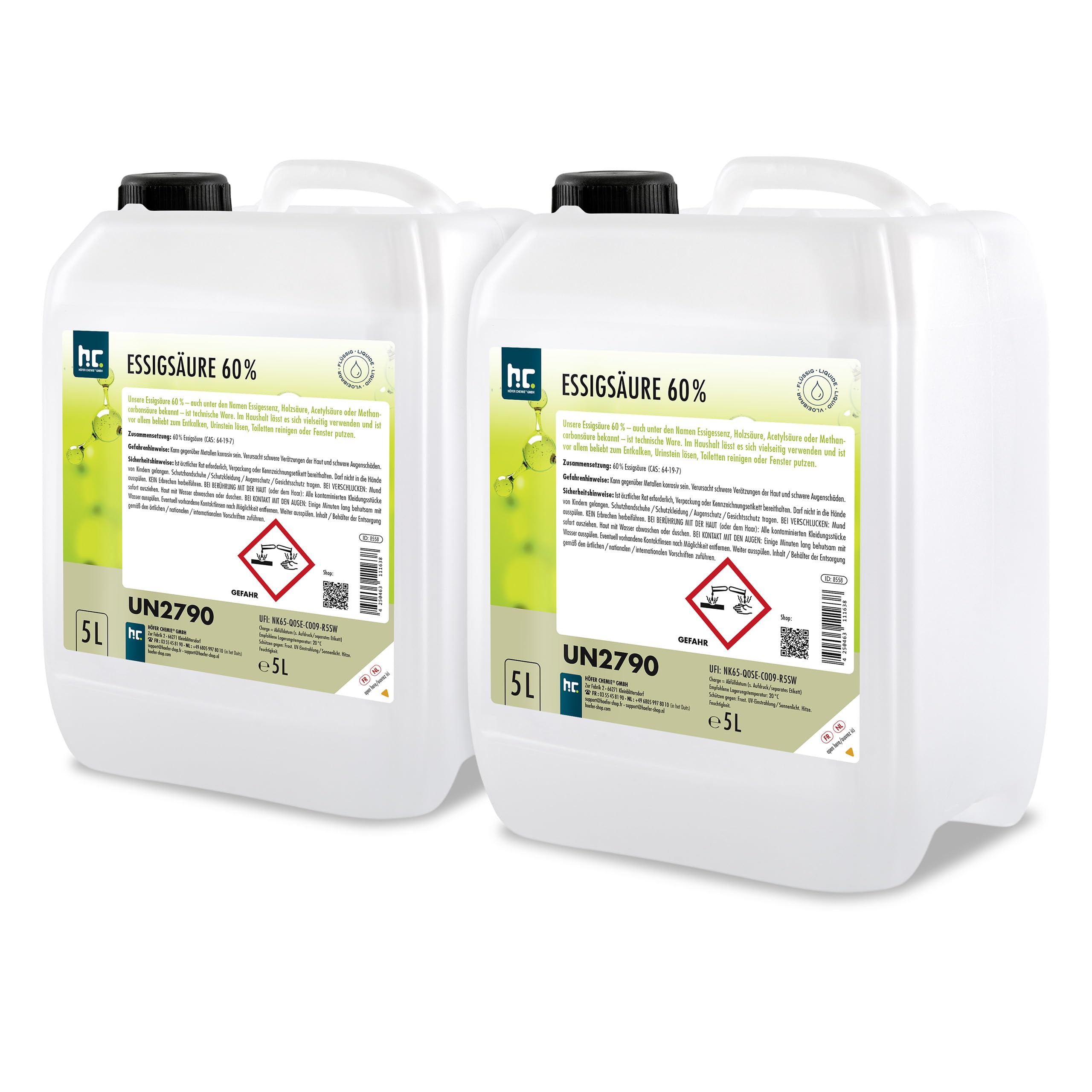 Höfer Chemie 2x 5 L Essigsäure 60% - optimaler Reiniger und Entkalker - Premium Qualität Made in Germany - frisch abgefüllt im handlichen Kanister
