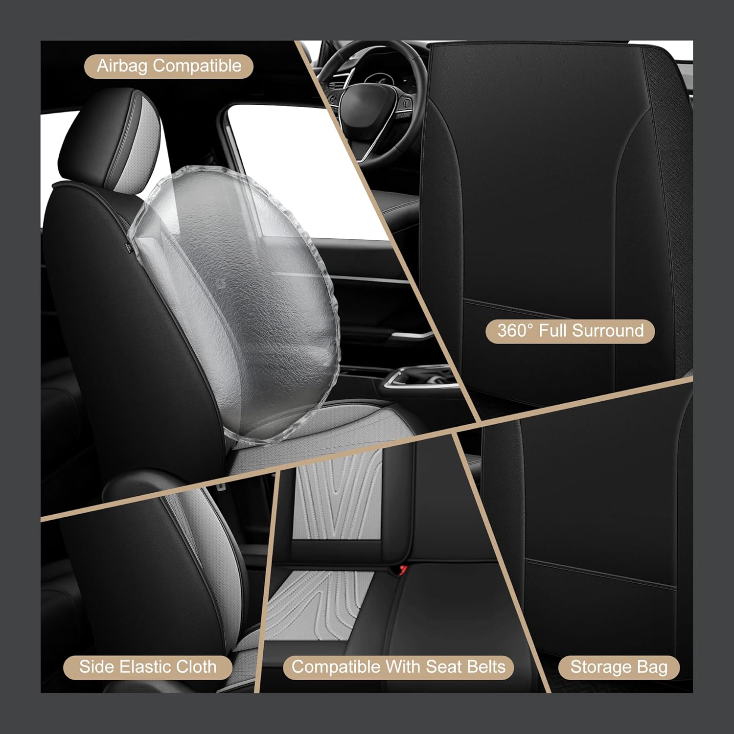 Front Seat Covers Fit for Hyundai Sonata 2007-2024 2025 2026, Faux Leather Automotive Seat Covers Breathable Waterproof Seat Cushions Compatible with Airbag (2 Seats,Black & Gray)