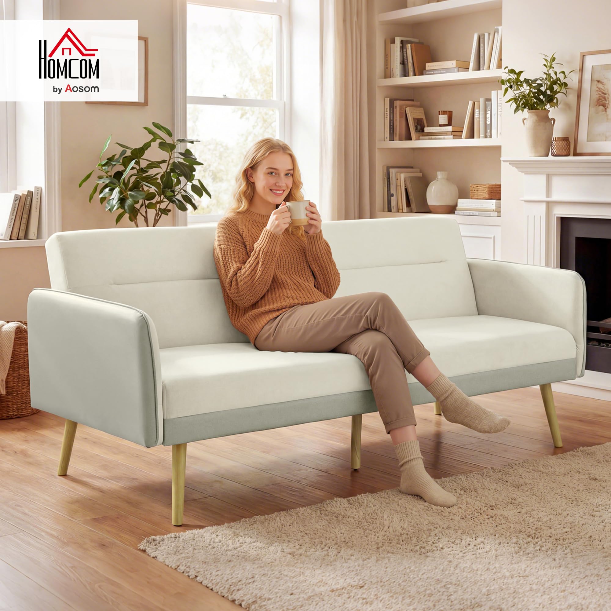 HOMCOM Divano Letto 3 Posti Convertibile con Braccioli in PU, Divanetto Reclinabile Trasformabile Clic Clac in Velluto con Gambe in Metallo, Struttura in Legno per Salotto, Camera, 185x84x83 cm, Beige