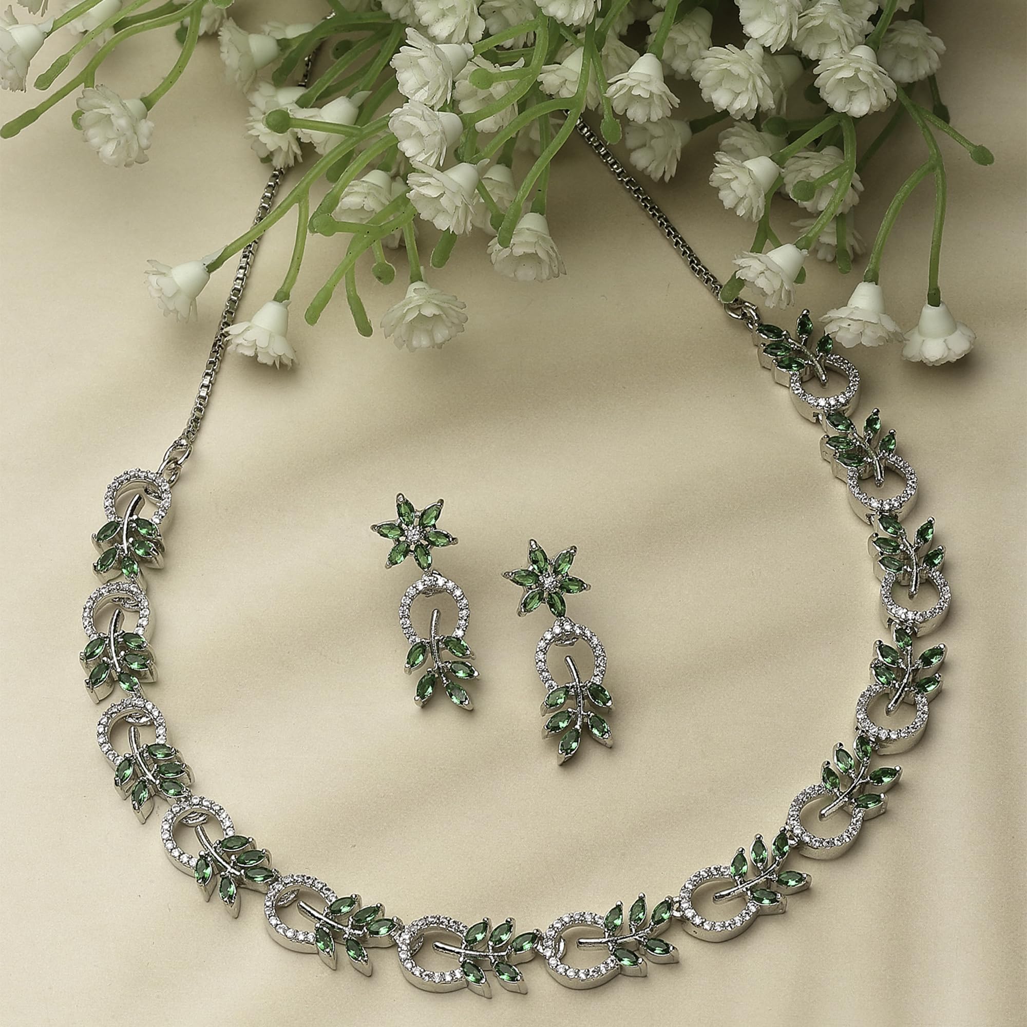 Rhodium-Plated Diamond Leaf Necklace Set
