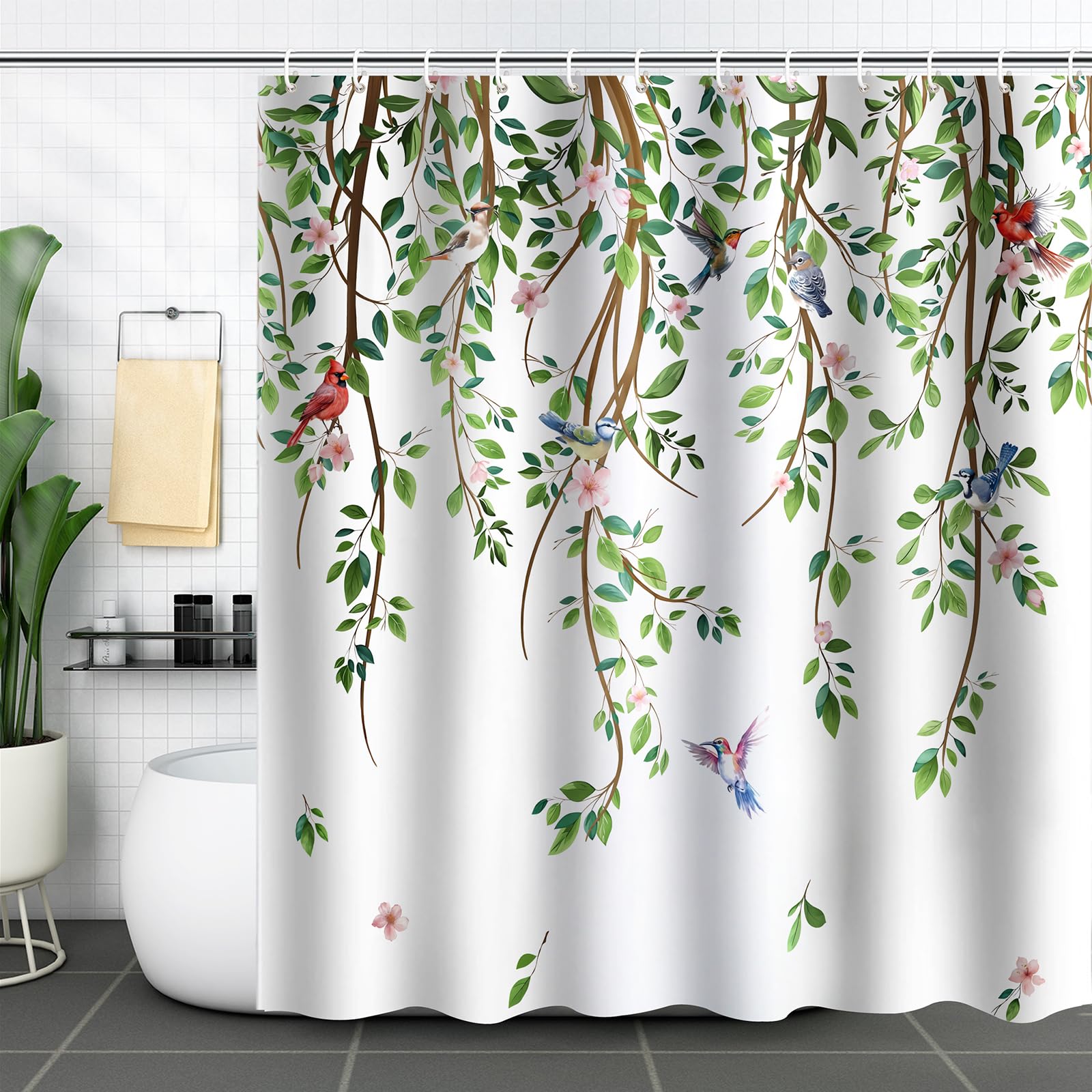 ZCHOMI Green Leaves Birds Shower Curtain Hanging Vine Plant with Floral Shower Curtains for Bathroom Waterproof Polyester Fabric Bath Curtain 72 x 72