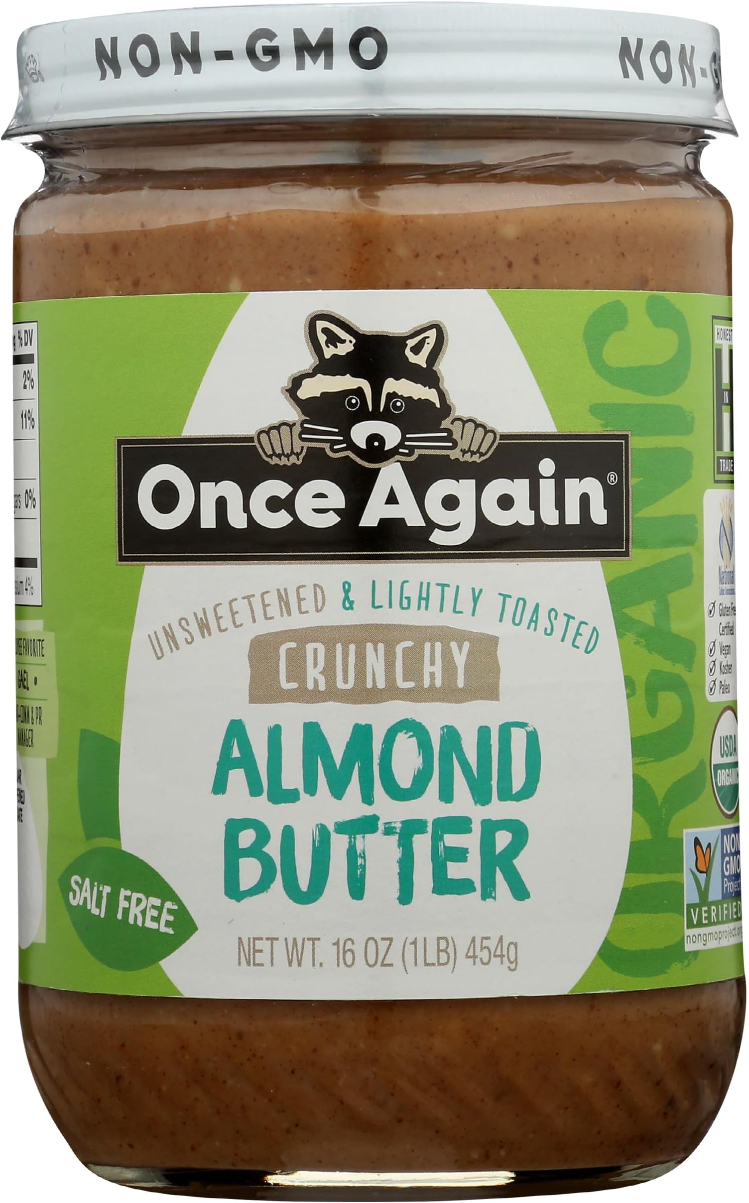 - Organic Crunchy Almond Butter, 16oz - Lightly Toasted - Salt Free, Unsweetened - USDA Organic, Gluten Free Certified, Peanut Free, Vegan, Kosher, Paleo - Glass Jar