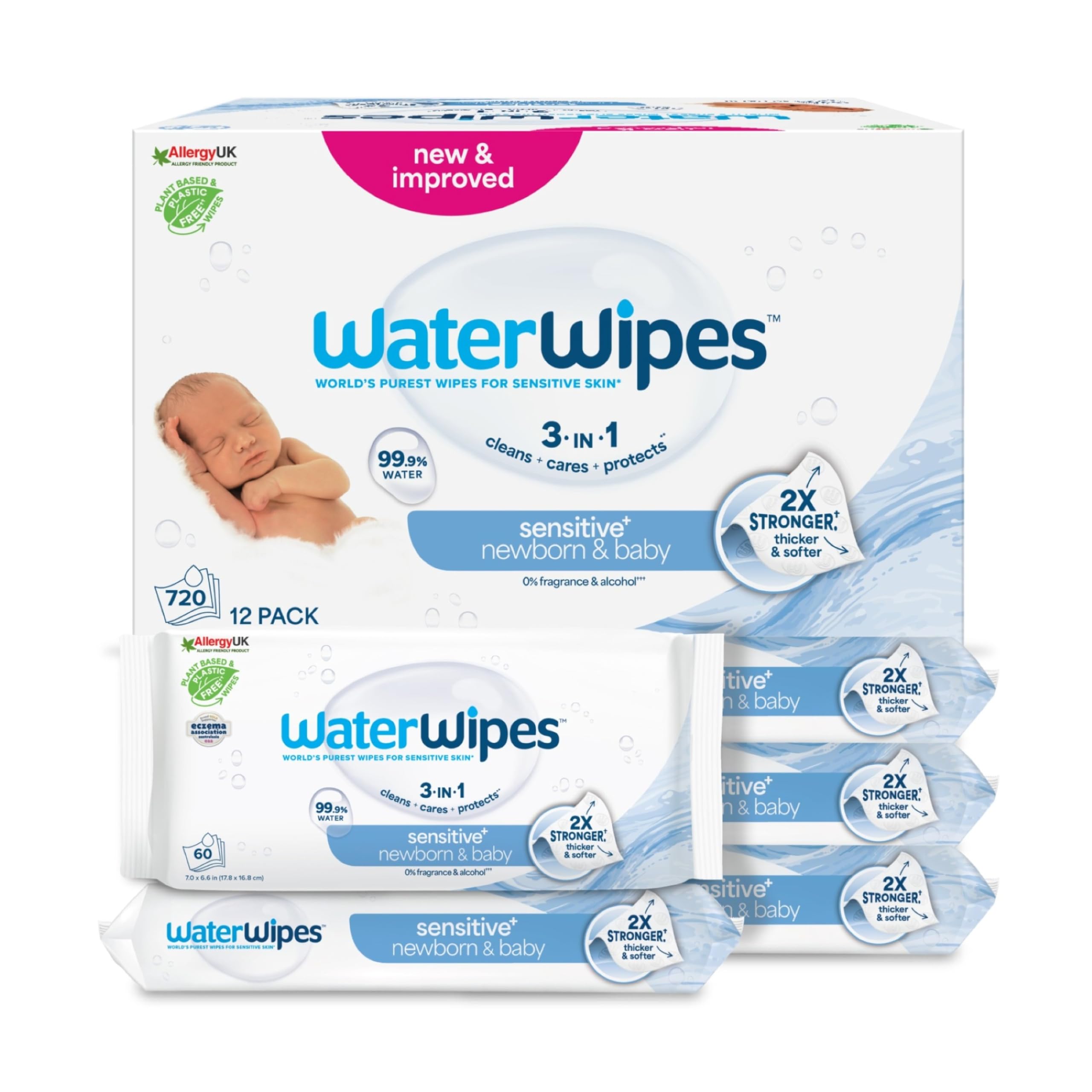 WaterWipes Sensitive+ Newborn & Baby Wipes, 720 Count (12 Packs), 3-In-1 Cleans, Cares, Protects, 99.9% Water, Unscented