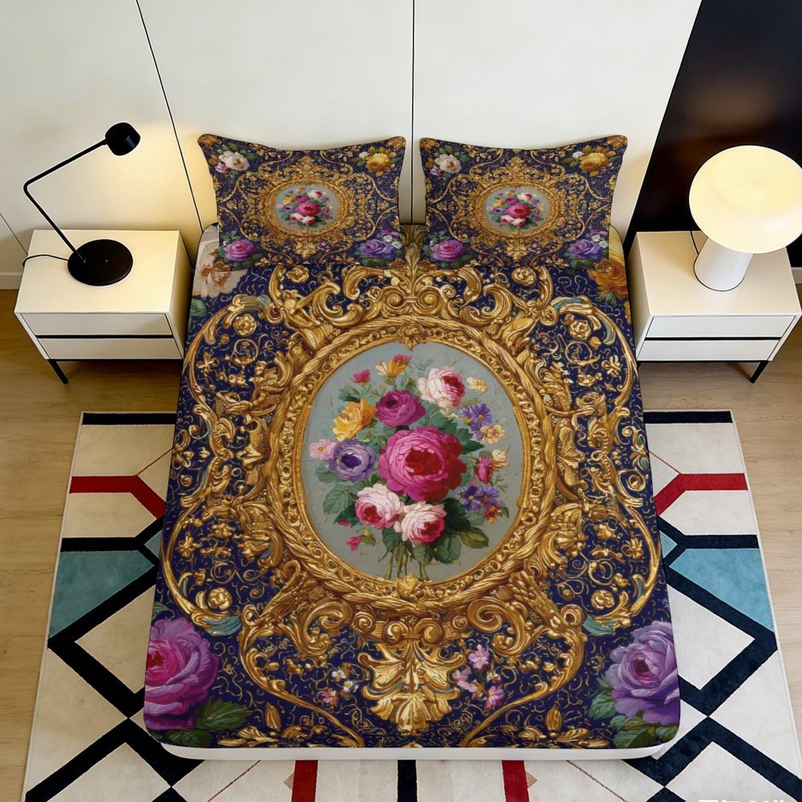 3D Printed Baroque Floral Fitted Sheet Microfiber Soft Ornate Bouquet Mattress Cover for Bedroom Guest Room Decor 90x200x25cm