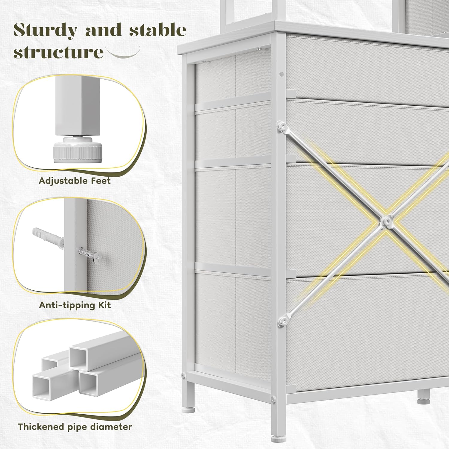 Romorgniz White Dresser for Bedroom with 12 Drawers & LED Lights, Fabric Dressers & Chests of Drawers with Open Shelves, Vanity Dresser Organizer with Metal Frame Wooden Shelf for Entryway Closet