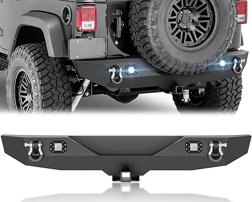 Miniatura 12 de Parachoques trasero para Wrangler JK JKU con portador de neumáticos de repuesto compatible con Jeep Wrangler JK JKU 2007-2018 con 2 luces LED,