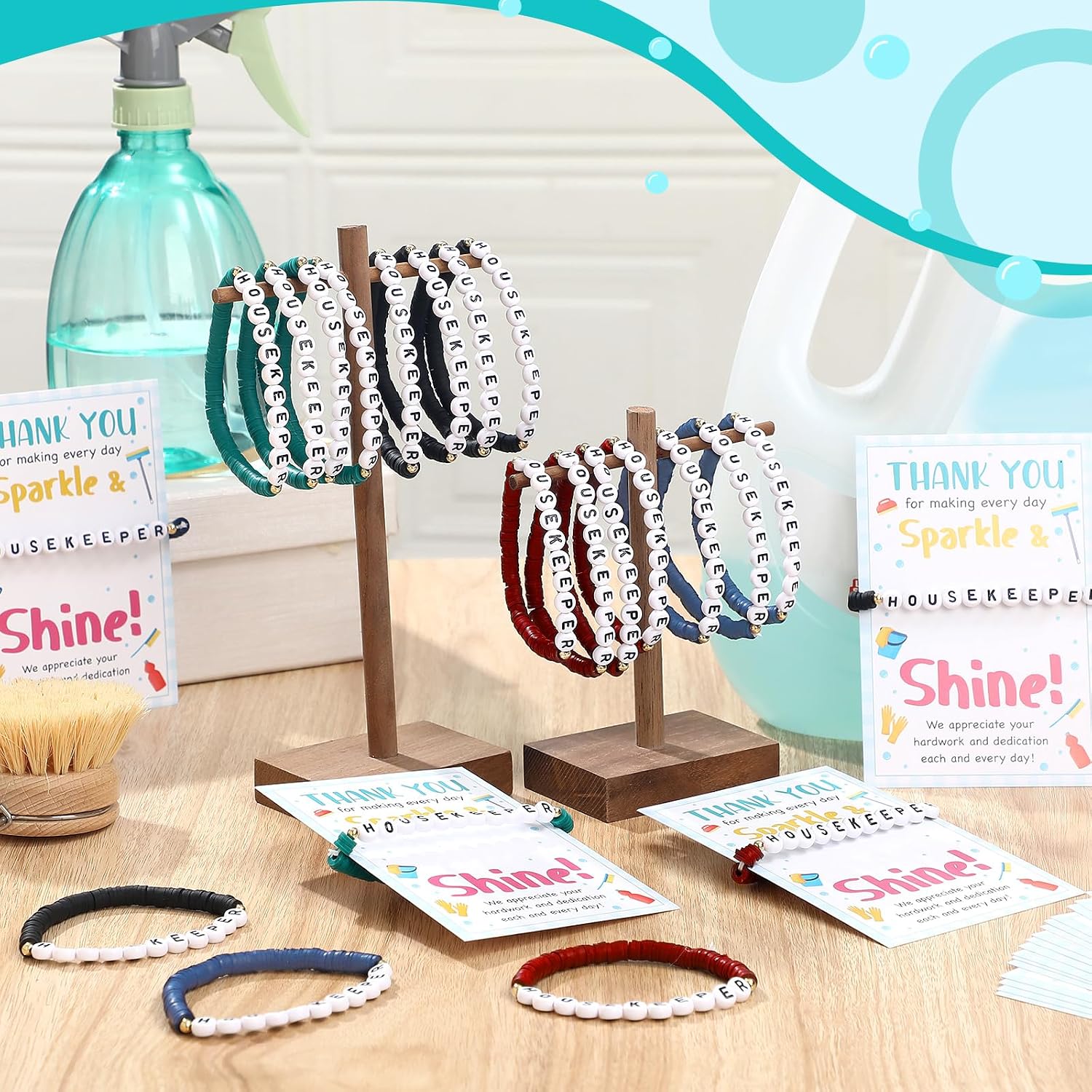 Quelay 24 Sets Nurse Week Gifts Bulk 2026 CNA Week Gifts Nurse Bracelets with Cards Colorful Appreciation Gift for Women(Housekeeping,Dark Color)